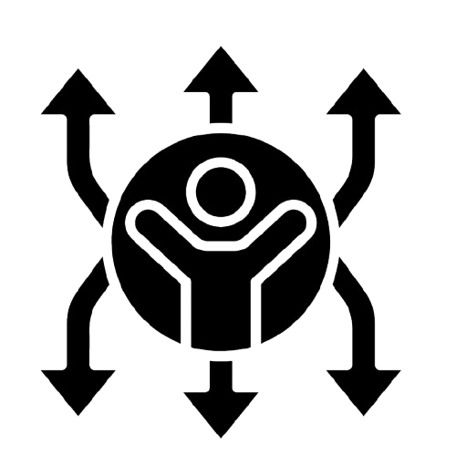 A person standing with arms raised inside a circle that has arrows pointing in all eight directions.