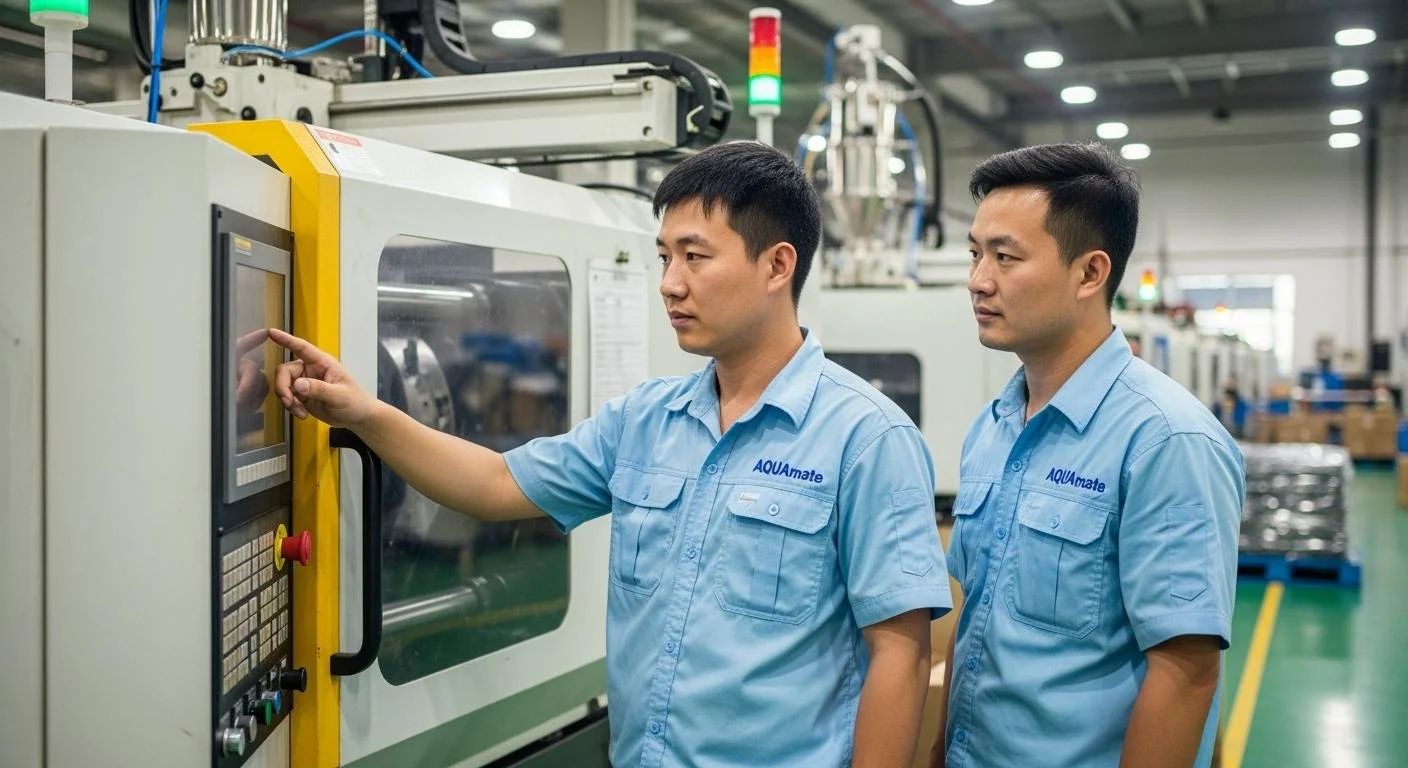 Two men in blue uniforms operate an injection molding machine in AQUAmate factory, with one pointing at a touchscreen panel.