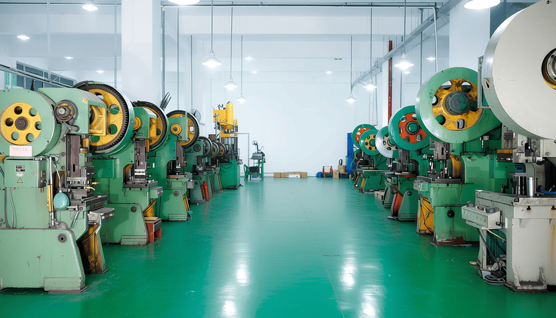 Industrial factory with green machinery on both sides of a polished green floor