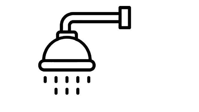 A simple line drawing of a showerhead with water falling from it.