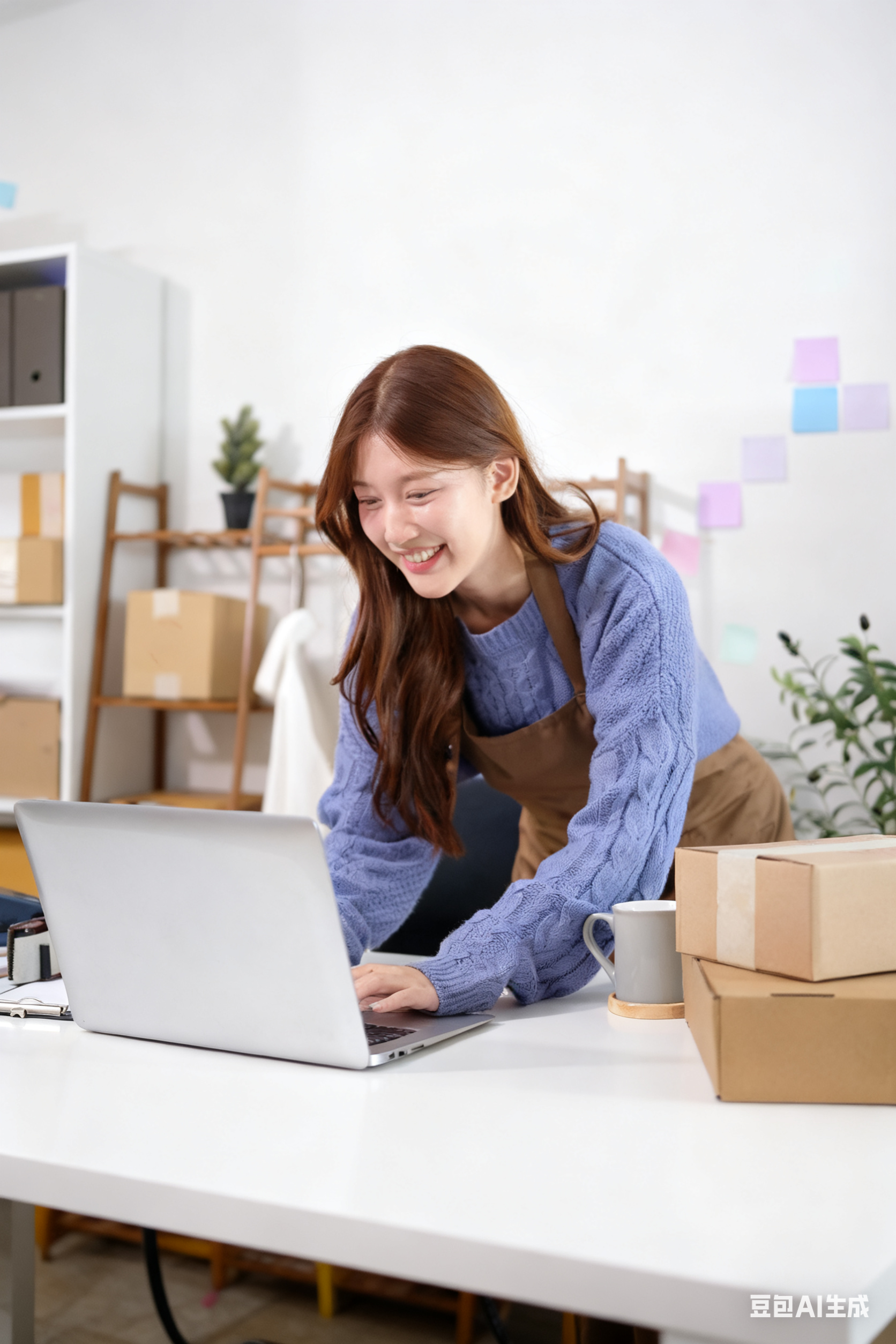 A woman with long red hair smiling and working on a laptop at a white desk surrounded by packages and a coffee mug in a bright office.