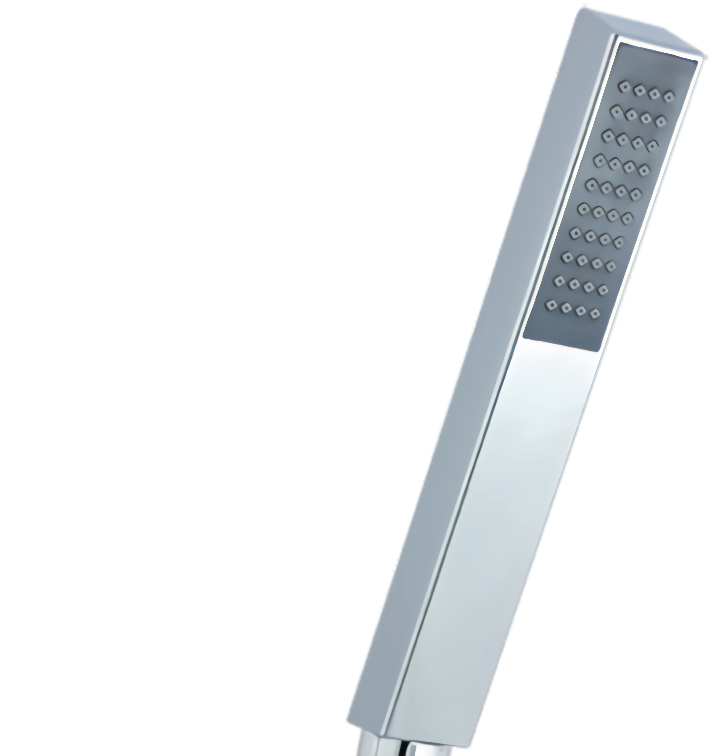 A modern handheld shower head with multiple small nozzles.