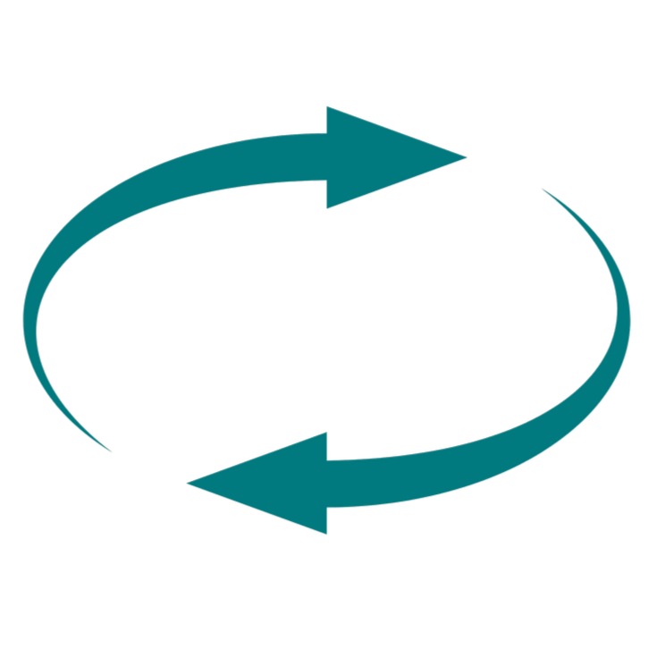 Circular arrows pointing in opposite directions, representing a cycle or process flow.