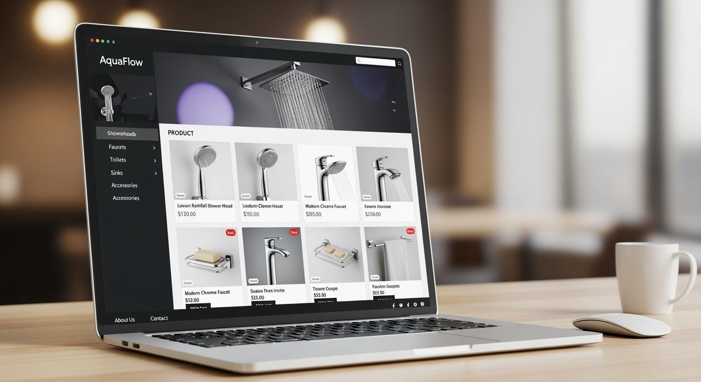 Laptop on a wooden desk displaying an online store for bathroom fixtures and accessories, with a white mug and a computer mouse nearby.