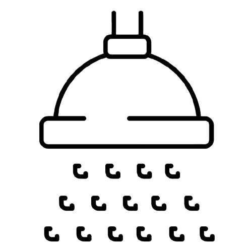 Line drawing of a showerhead with water droplets falling.