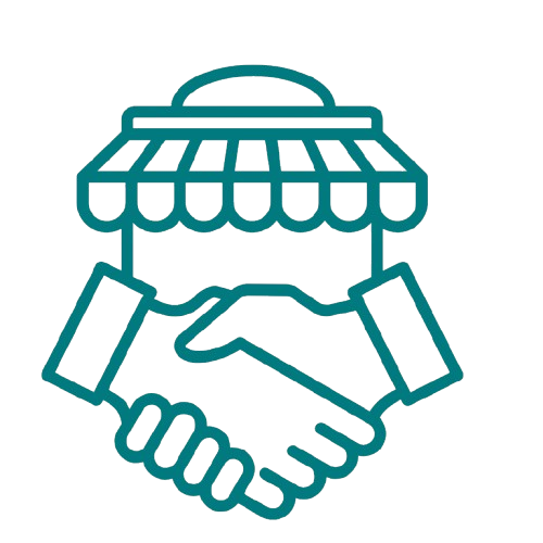 Icon of a handshake with a store front above them, representing business partnership or agreement.
