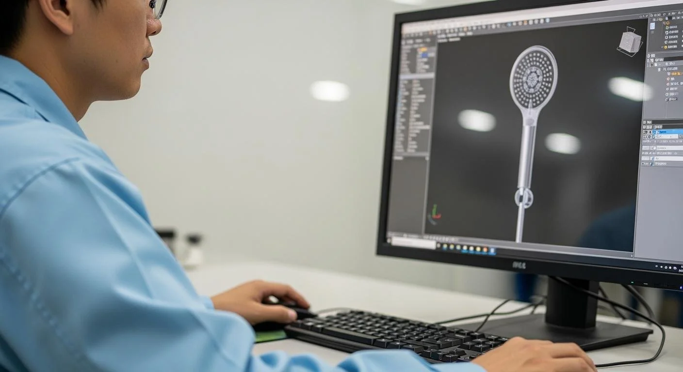 Engineer working at a computer with a 3D modeling software displaying a mechanical part resembling a showerhead on the screen.