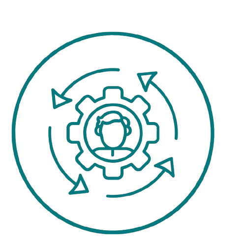 Icon of a person wearing headphones inside a gear, with arrows circling around, representing customer support or technical assistance.