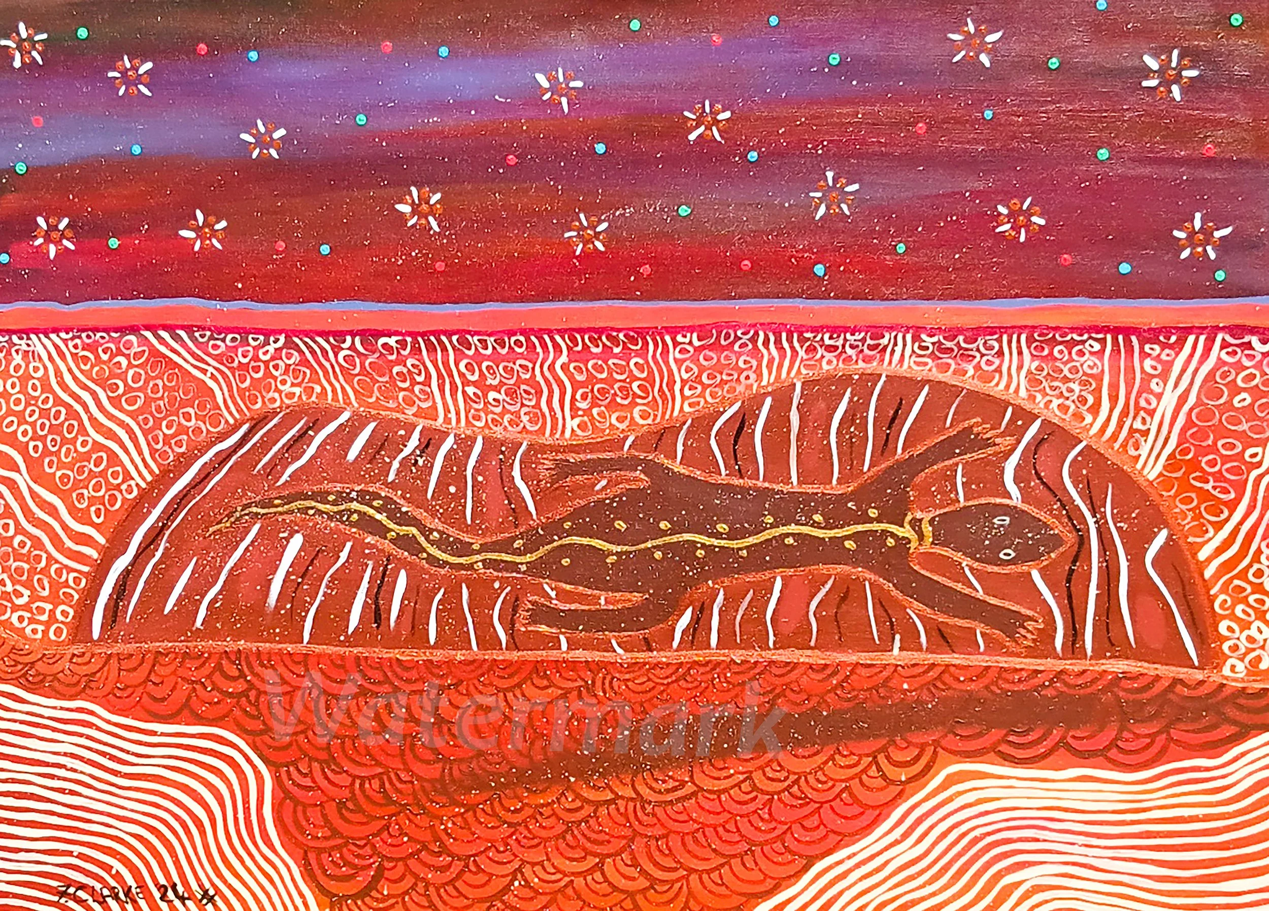 Goanna Fella Sunbaking on Solid Rock, Acrylic on Canvas, 76cm x 102cm$5,634