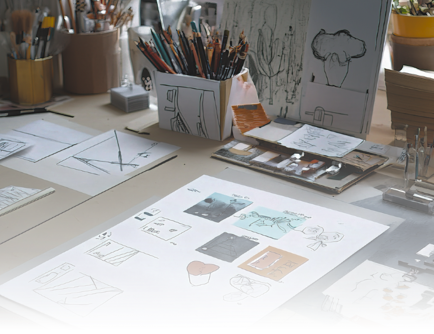 An artist's workspace with sketches, watercolor paintings, containers filled with paintbrushes and art supplies, and a laptop on a light-colored table.