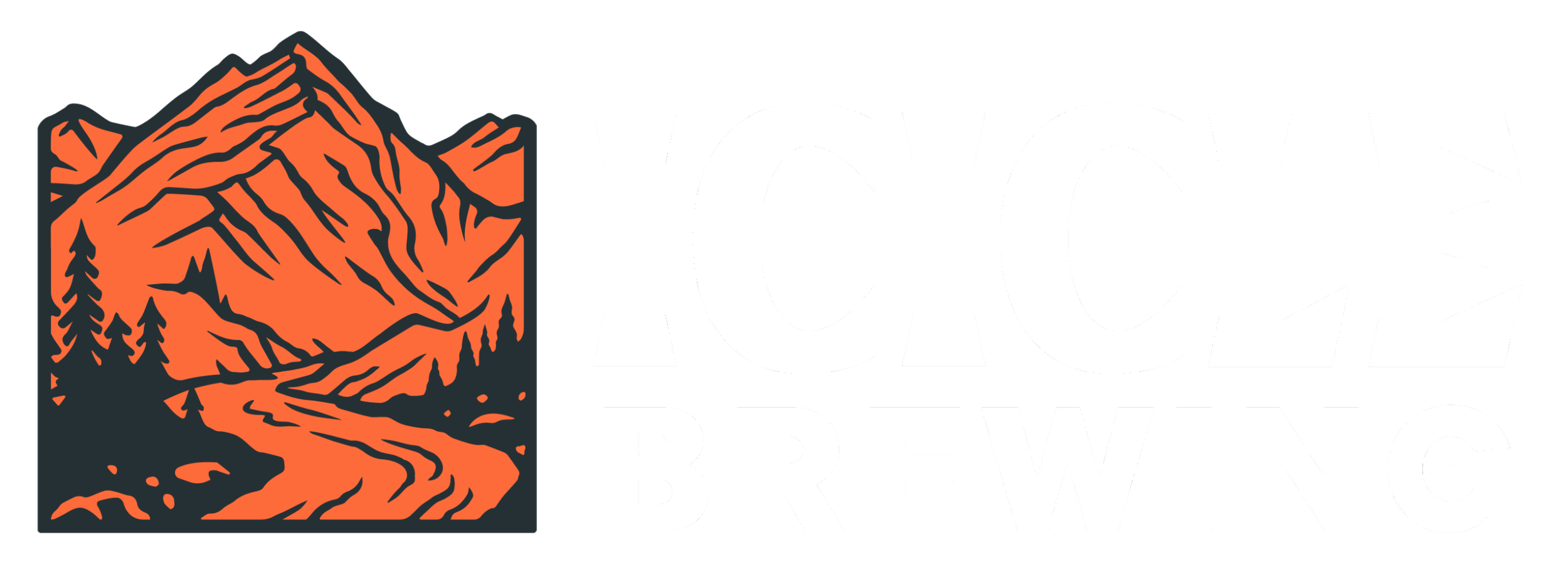Logo of Icicle Brewing featuring an illustration of mountains, trees, and a river in orange and black with the text "Icicle Brewing".