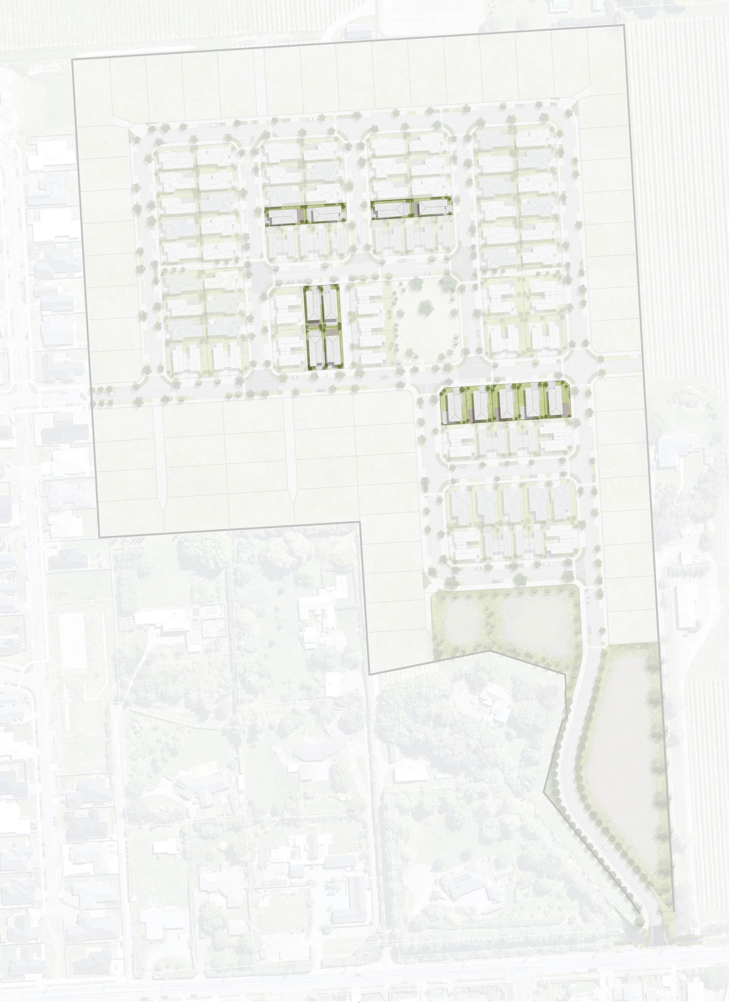 A detailed architectural site plan showing a community layout with multiple residential buildings, green spaces, and pathways.