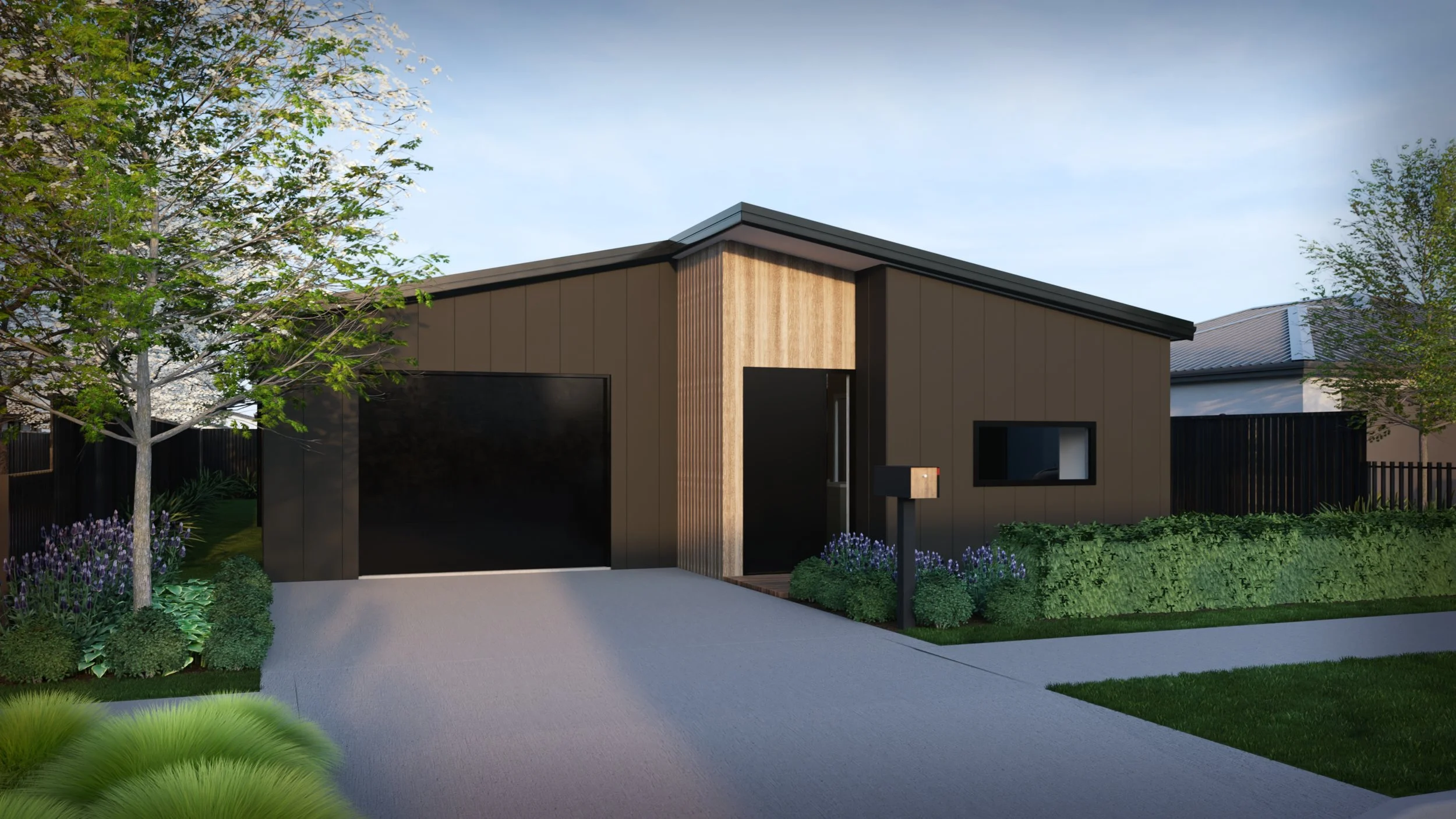 Modern single-story house with dark exterior, wooden accent, driveway, and landscaped front yard.