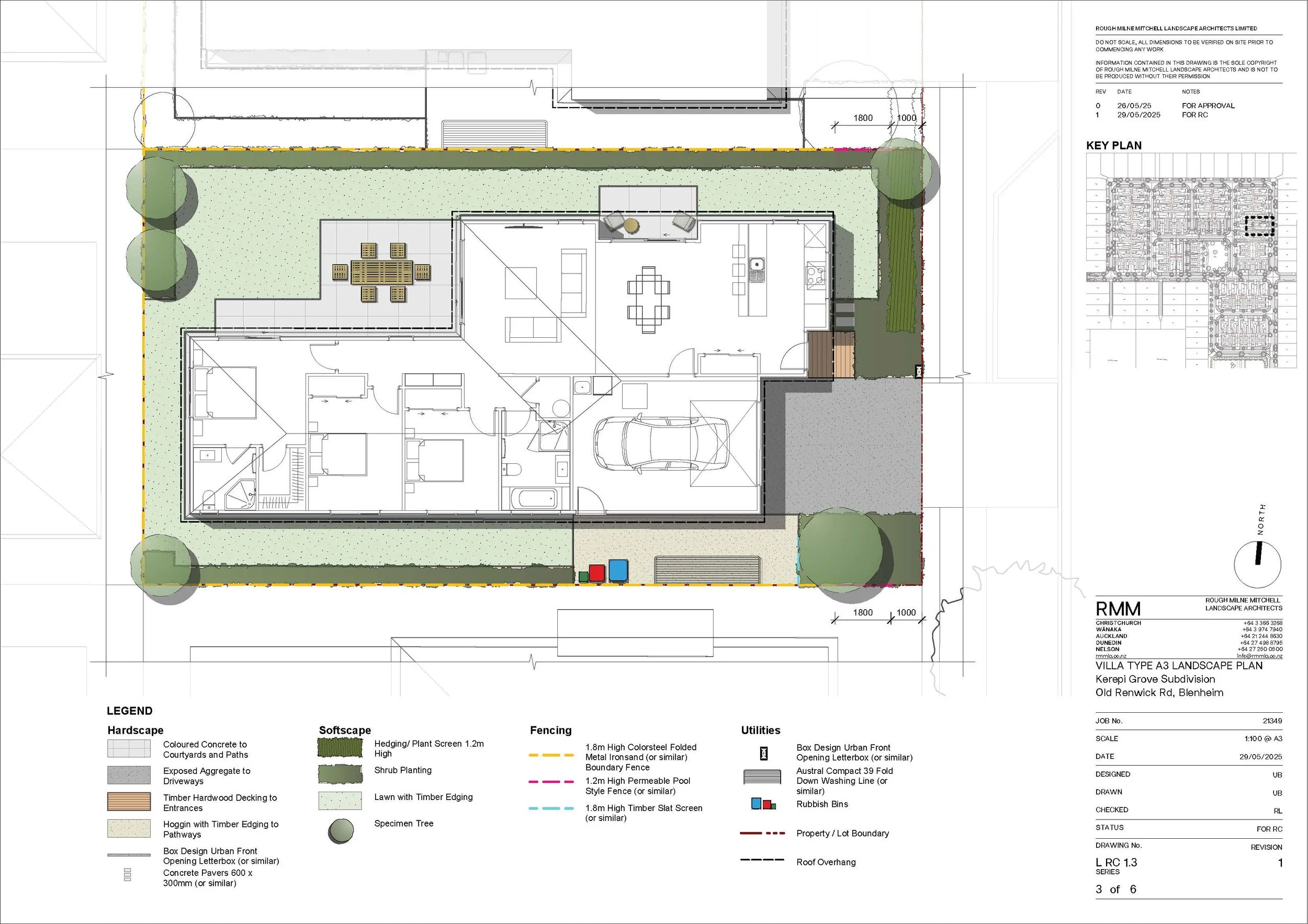 Landscape plan of a house and yard, showing trees, pathways, driveway, and garden features with legend and measurements.