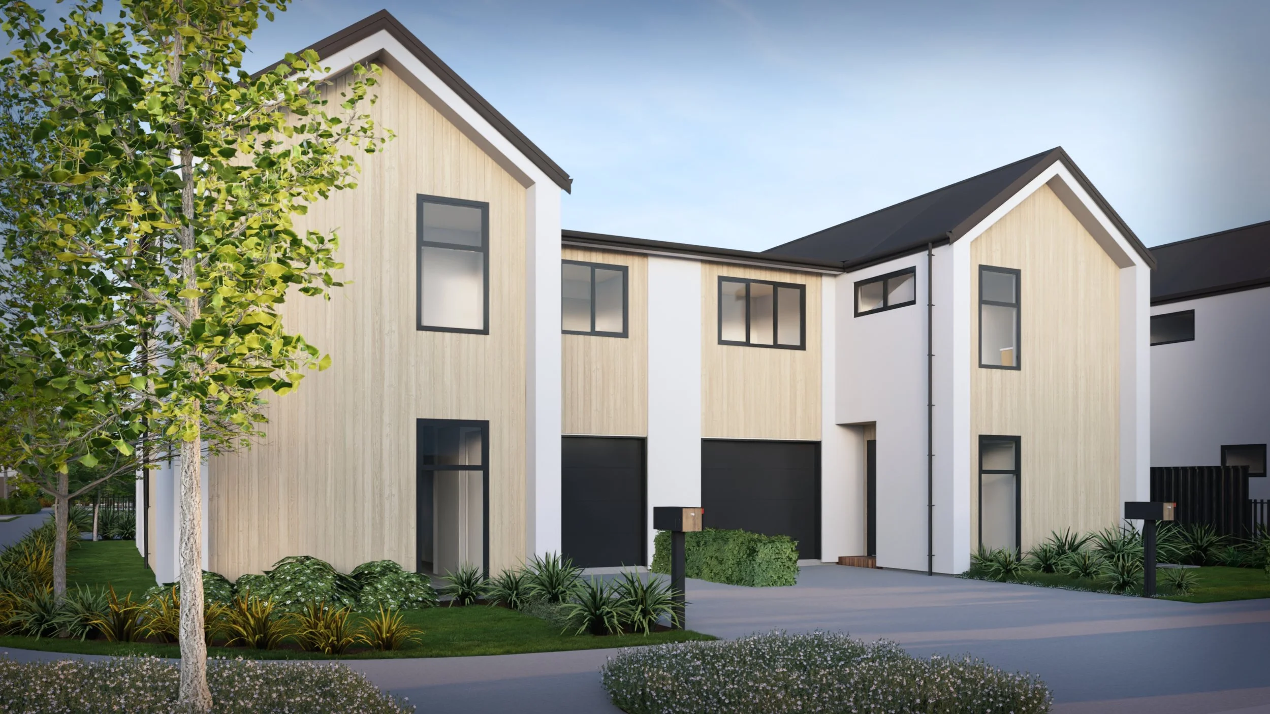 Modern two-story house with light wood and white exterior, black window frames, and a dark gray roof. Front yard with green plants, small trees, and a paved driveway.