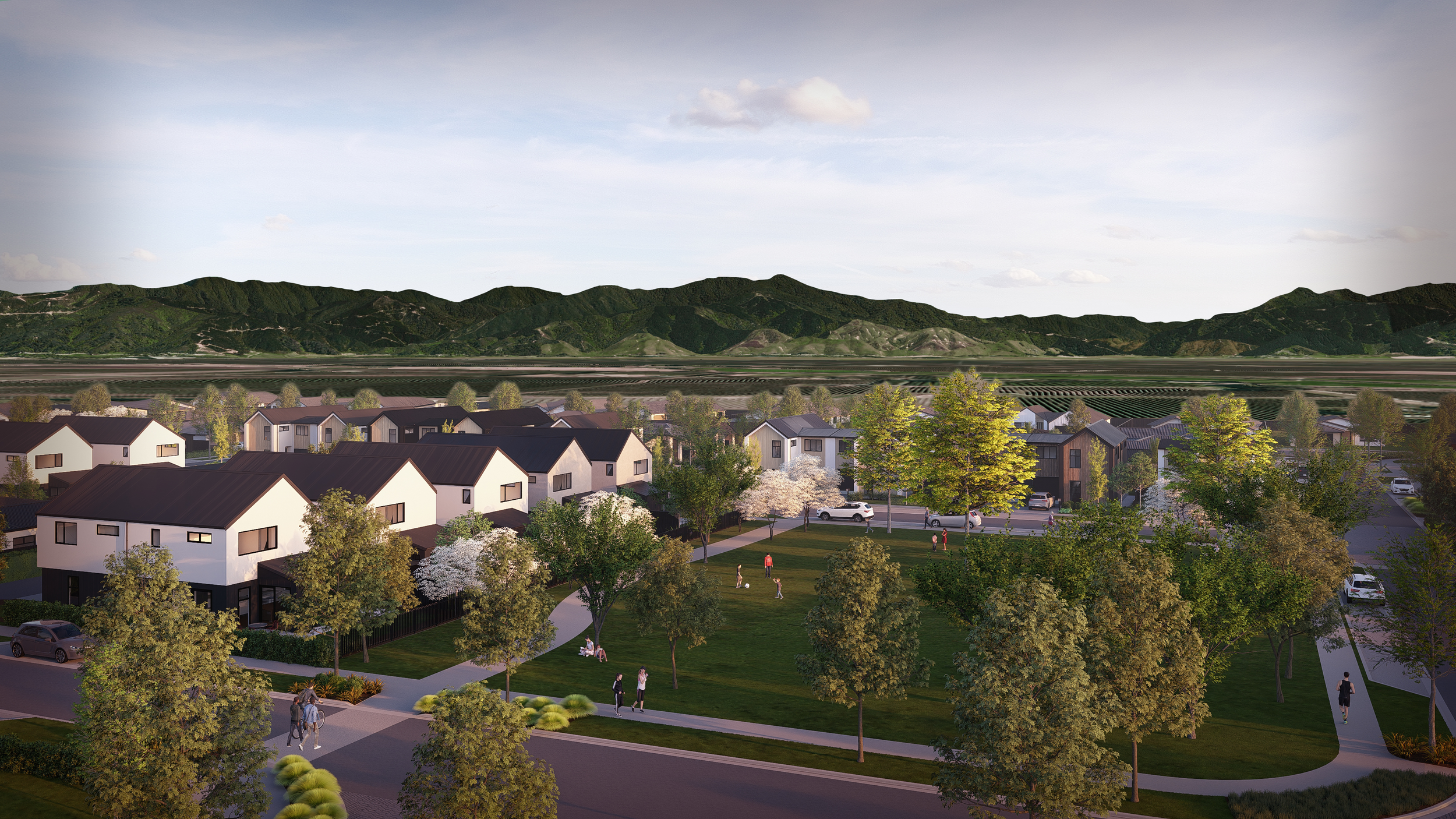 A rendering of a suburban neighborhood with modern houses, a park with people, and mountains in the background.