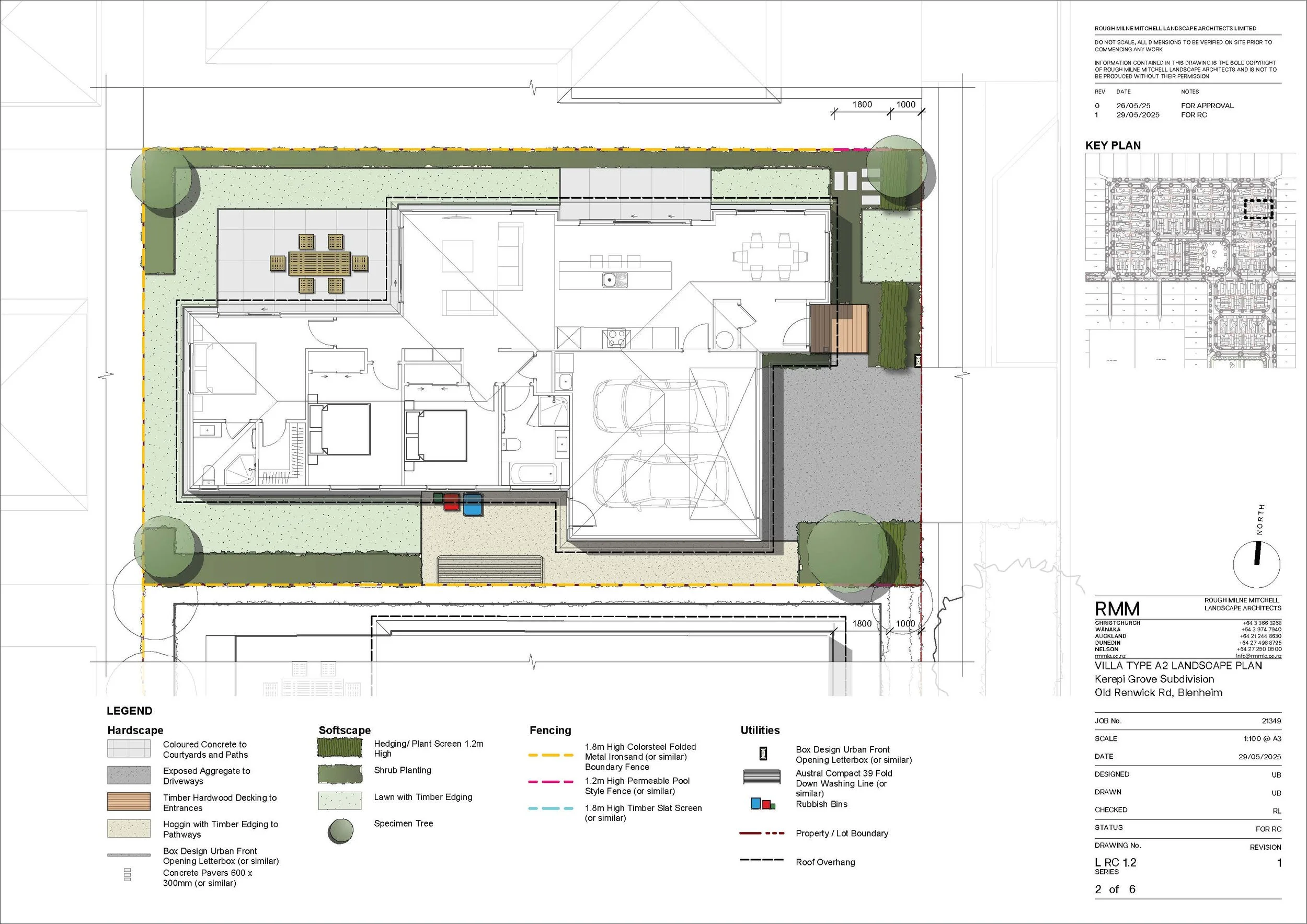 This is a detailed landscape architecture plan for a residential property, including the house layout, outdoor areas, driveway, fencing, planting, and other landscape features. The plan shows the placement of trees, hardscape, softscape, utilities, and boundary lines.