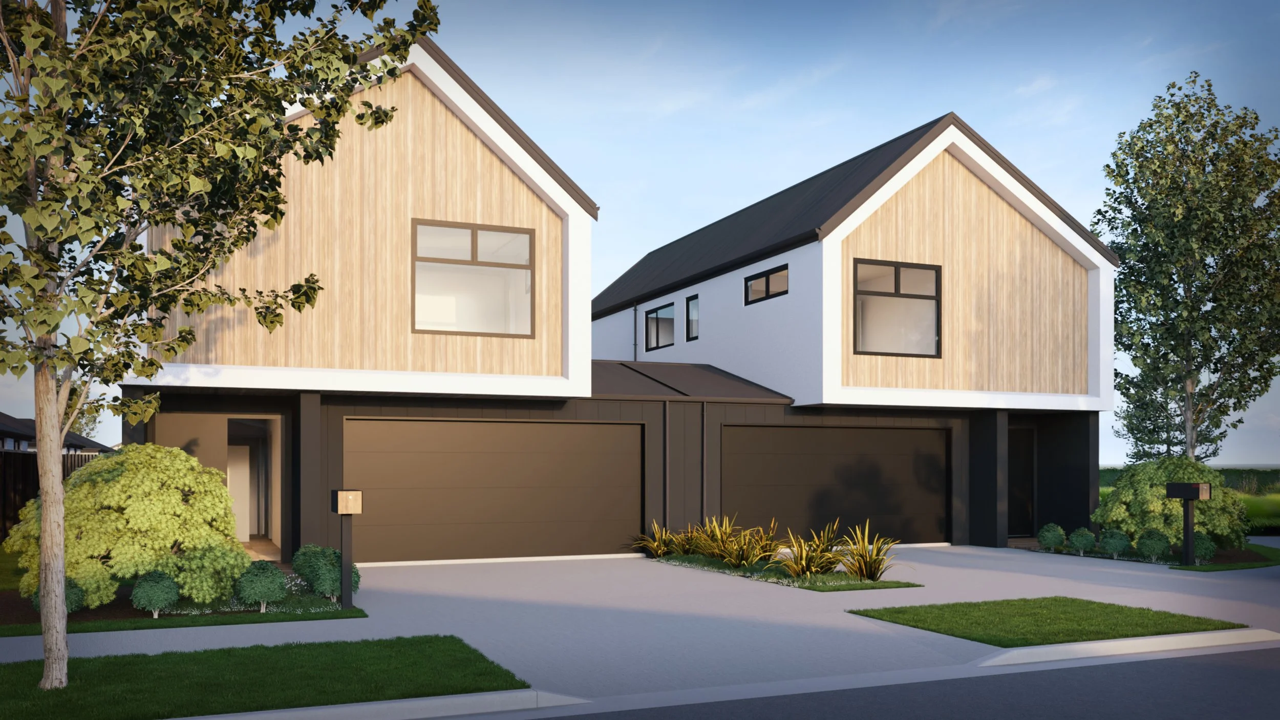 Modern duplex homes with black garage doors, wooden upper stories, and landscaped front yards.