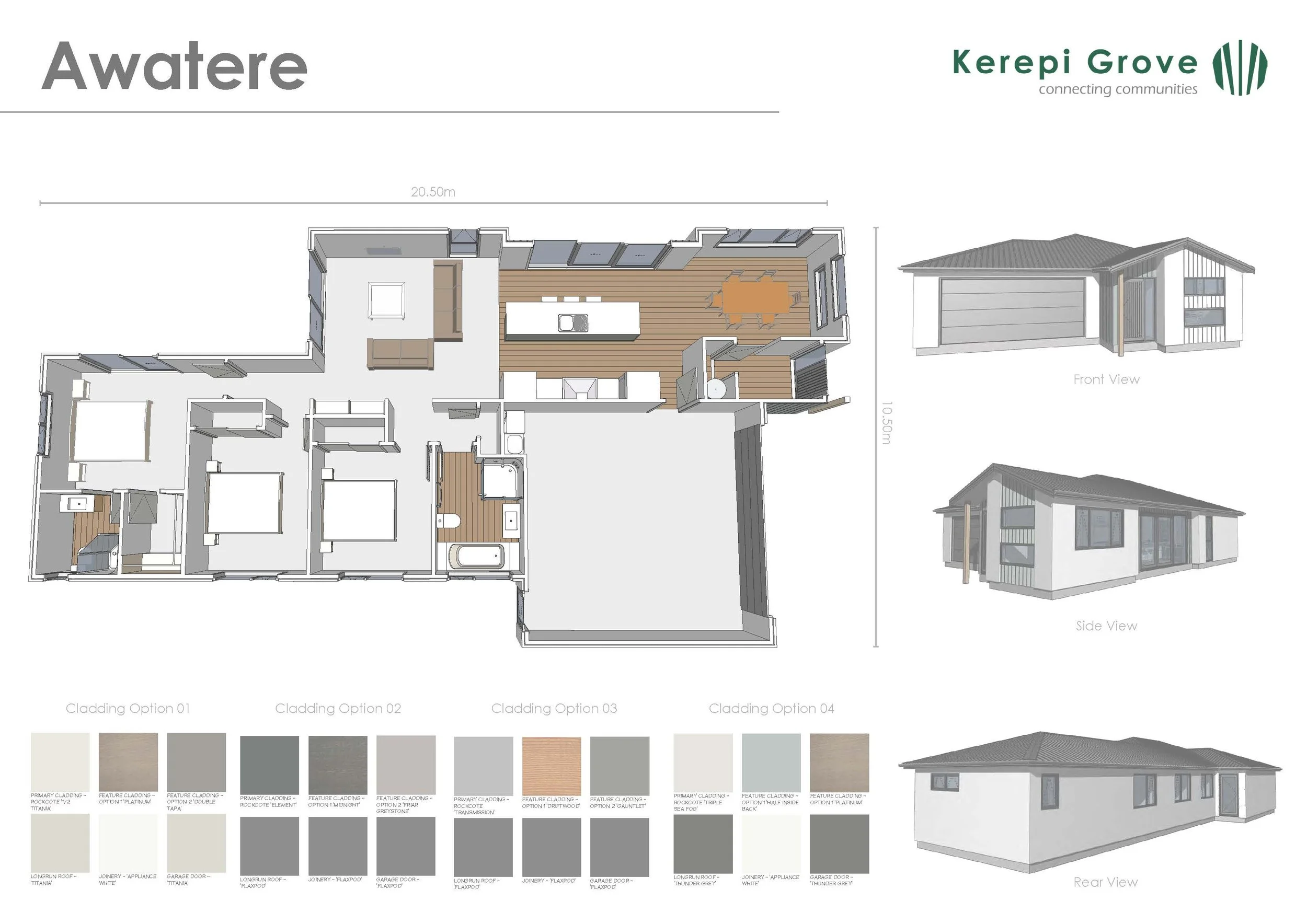 Floor plan of a house with labeled rooms, 3D front and side views, 2D rear view, and color options for cladding.