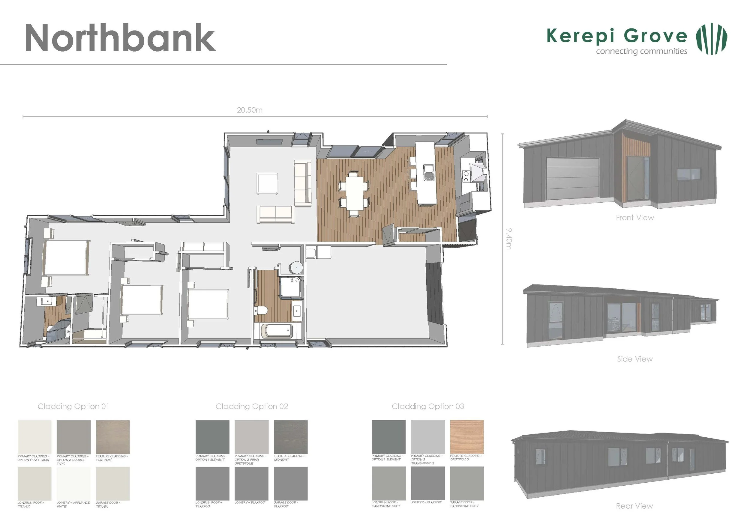 Floor plan of a house with labeled front, side, and rear views, including various interior rooms and design options for cladding.