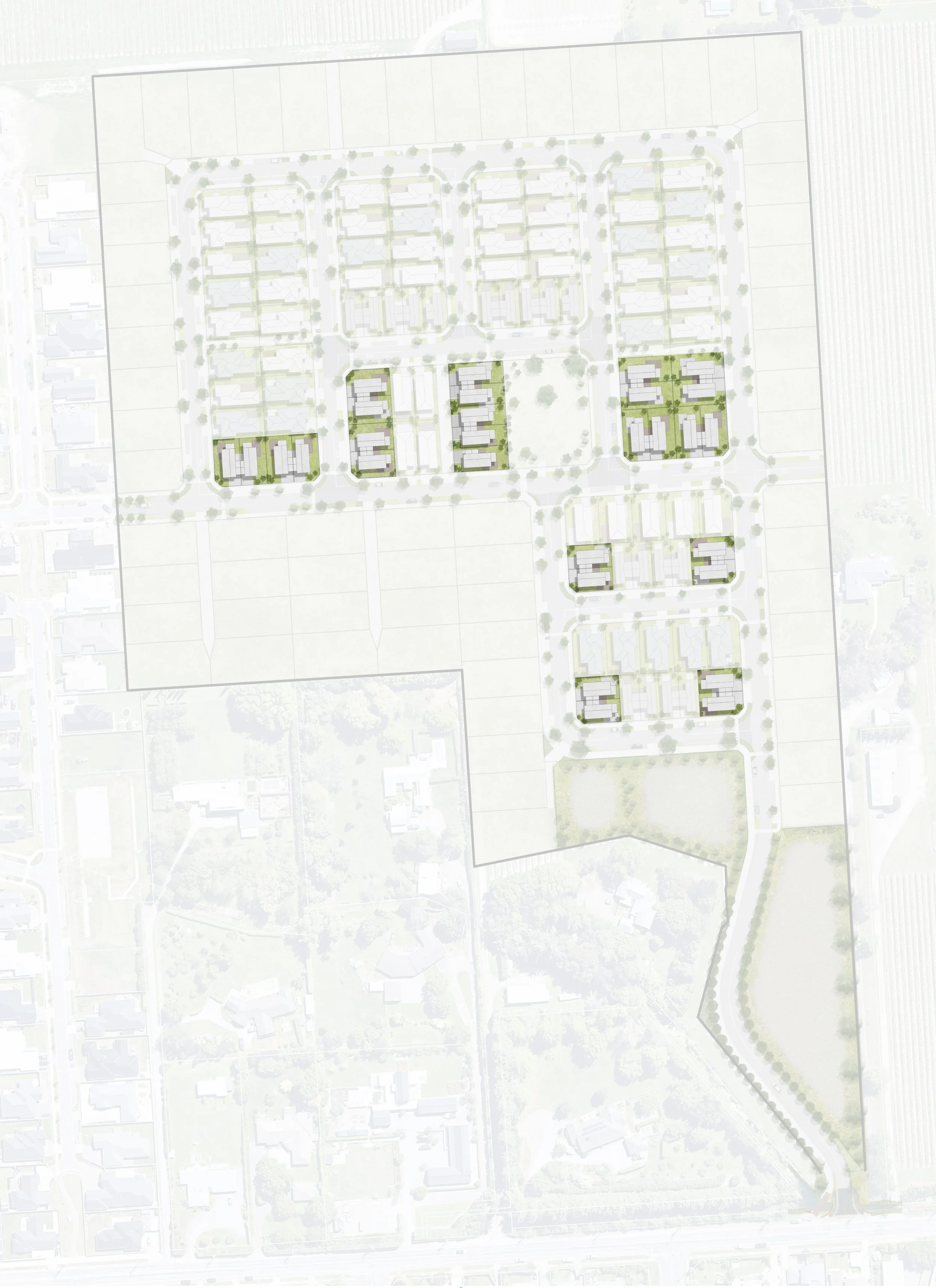 A site plan or architectural layout of a residential development with several buildings, green spaces, trees, and organized street patterns.