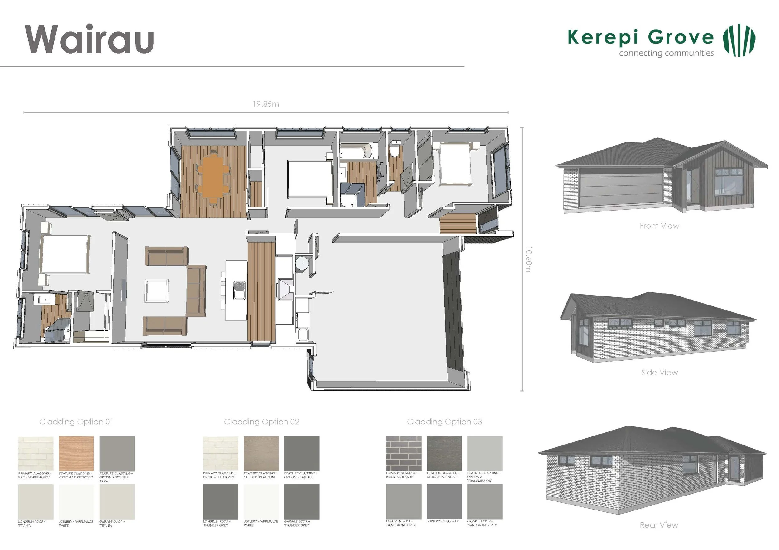 Architectural floor plan of a single-story house with labeled interior rooms, exterior front, side, and rear views, and color options for cladding.