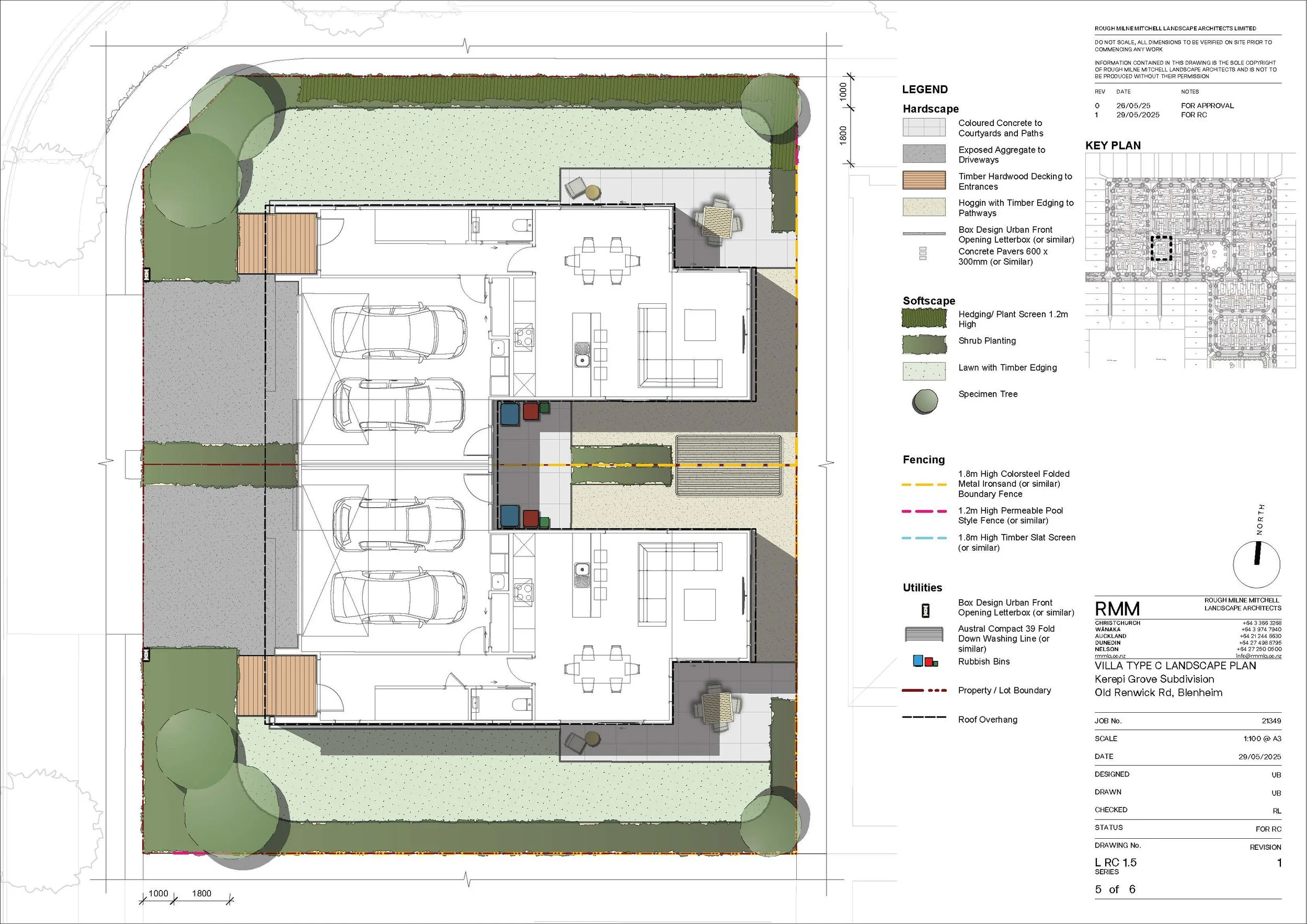 Landscape design plan for a residential property. Includes driveway with four parking spots, a landscaped backyard with trees and softscape, a deck, a pond, pathways, and a fenced area. Legend details materials, softscape features, fencing types, and utilities.