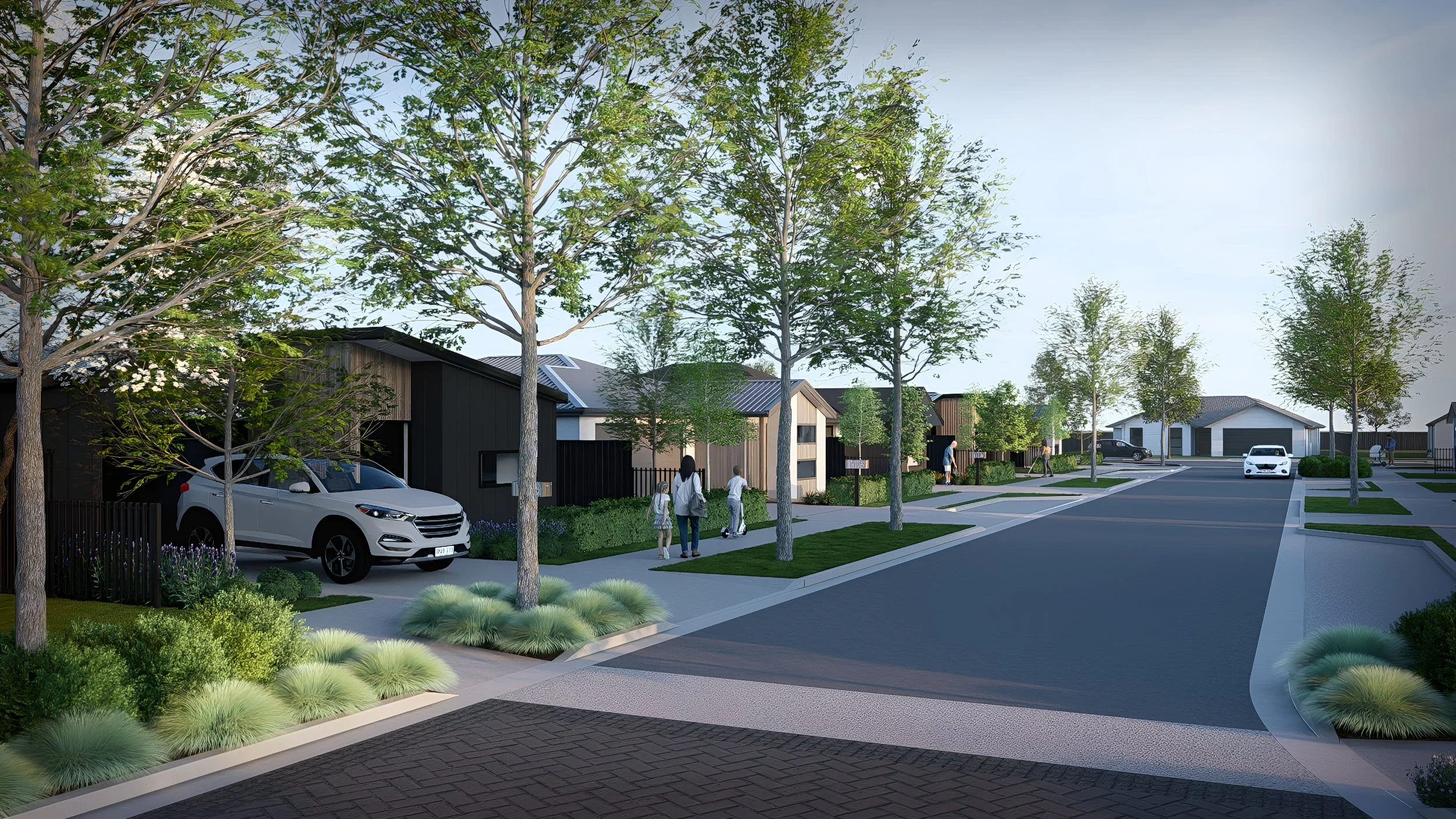 A modern suburban neighborhood street with sidewalk, trees, parked cars, and children and adults walking.