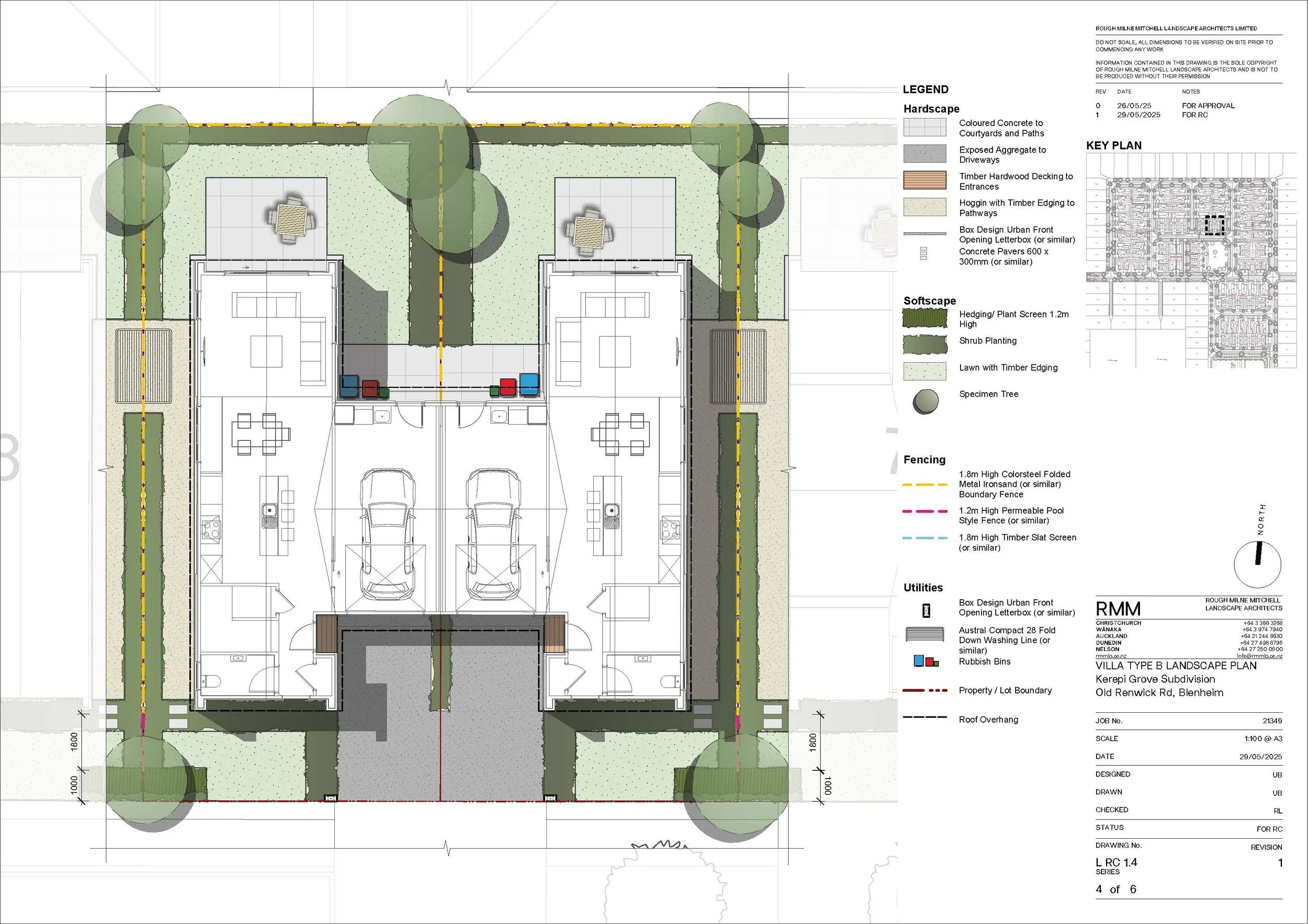 Landscape design plan for a residential property with front yard, driveway, parking for two cars, trees, hedging, softscape, fencing, and utility areas, including legend and key plan.