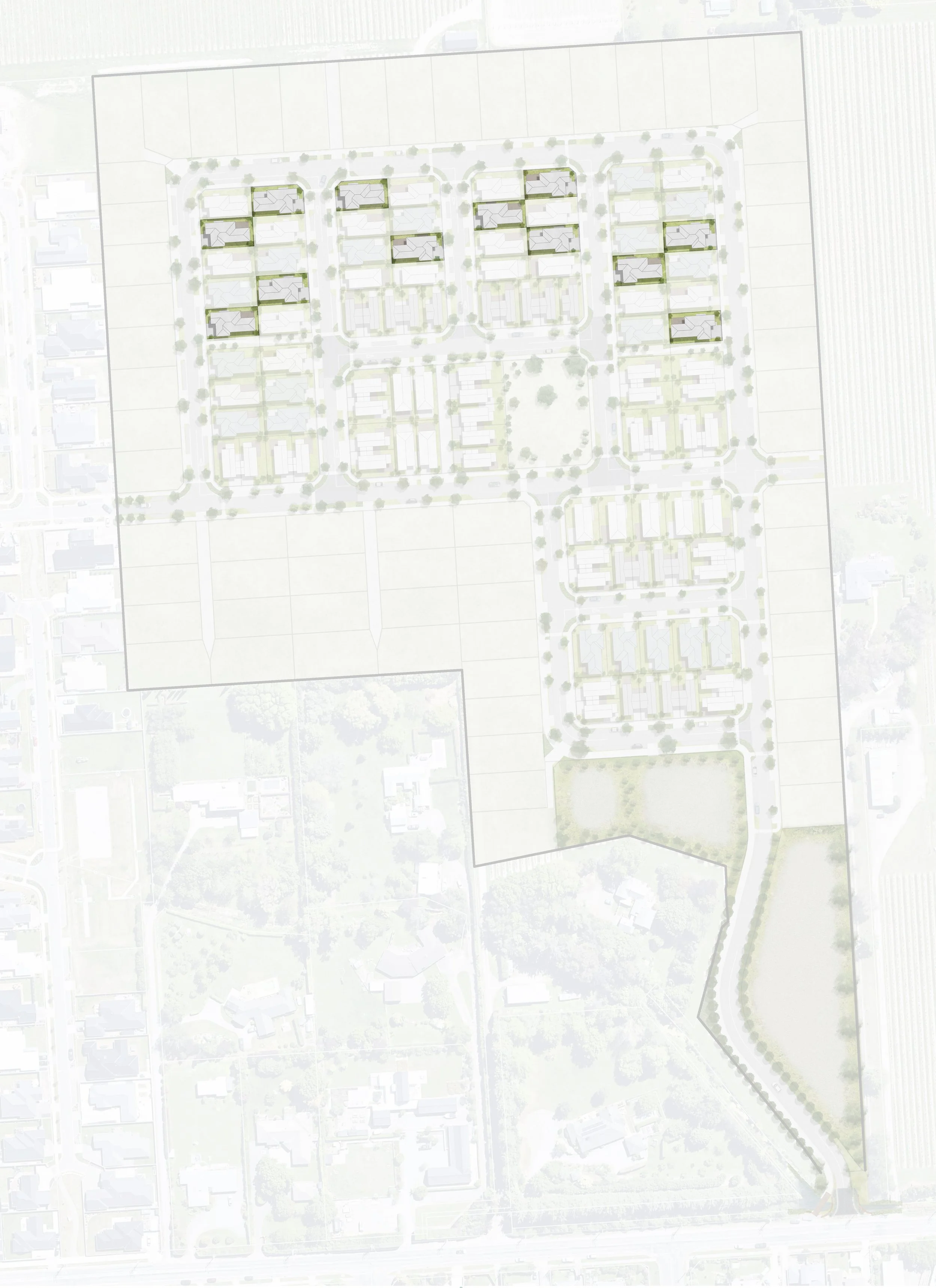 Aerial view of a large residential development with multiple housing units, green spaces, and trees, laid out in organized blocks with roads and pathways.