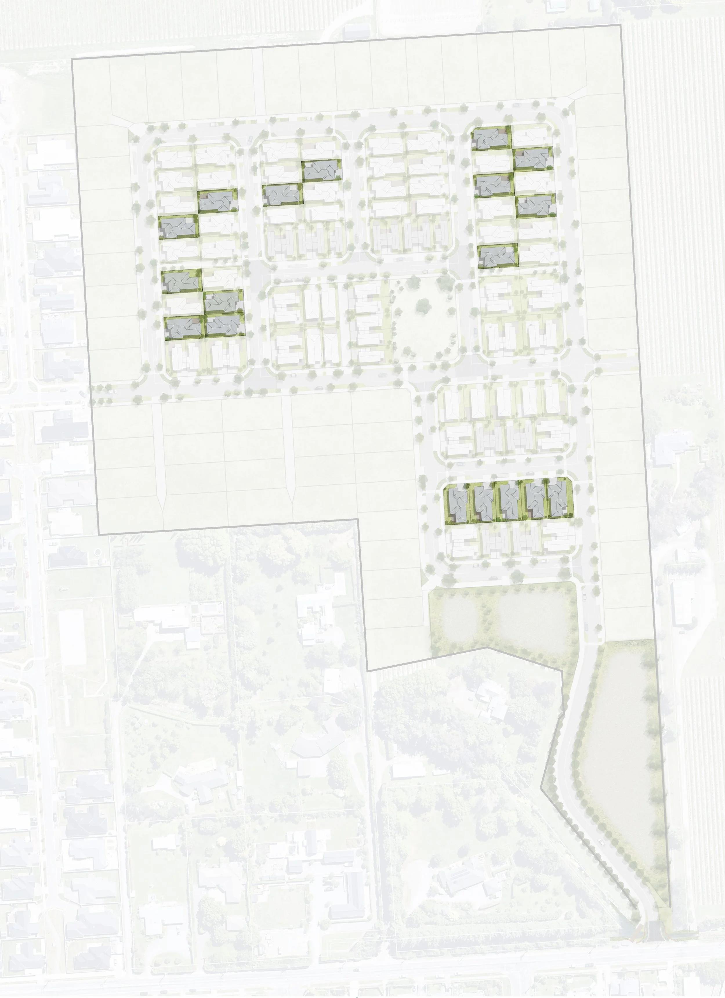A detailed site plan for a residential community with multiple housing units, green spaces, and tree-lined streets.
