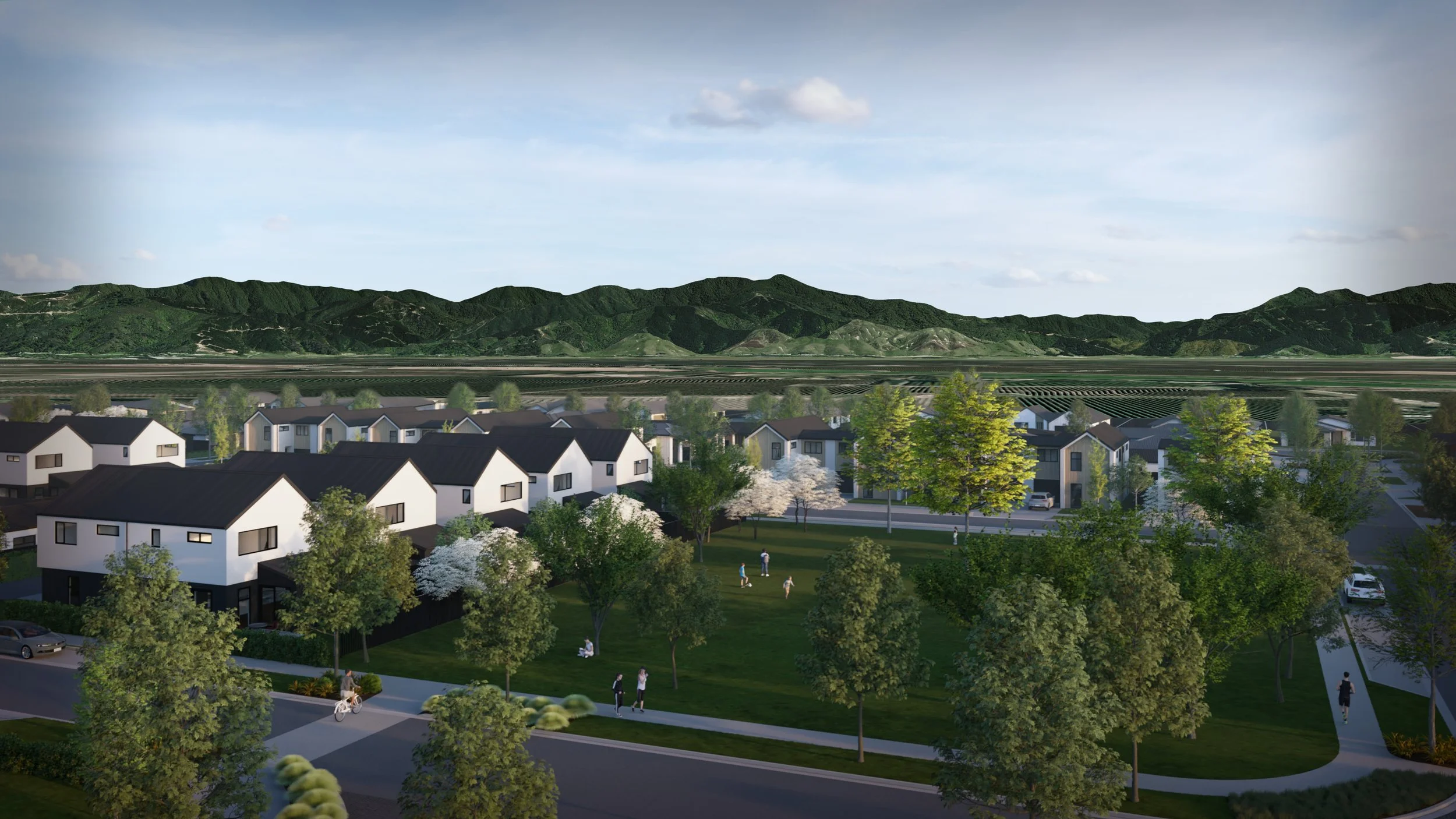 Rendering of a suburban neighborhood street with modern houses, trees, parked cars, and people walking on the sidewalk.
