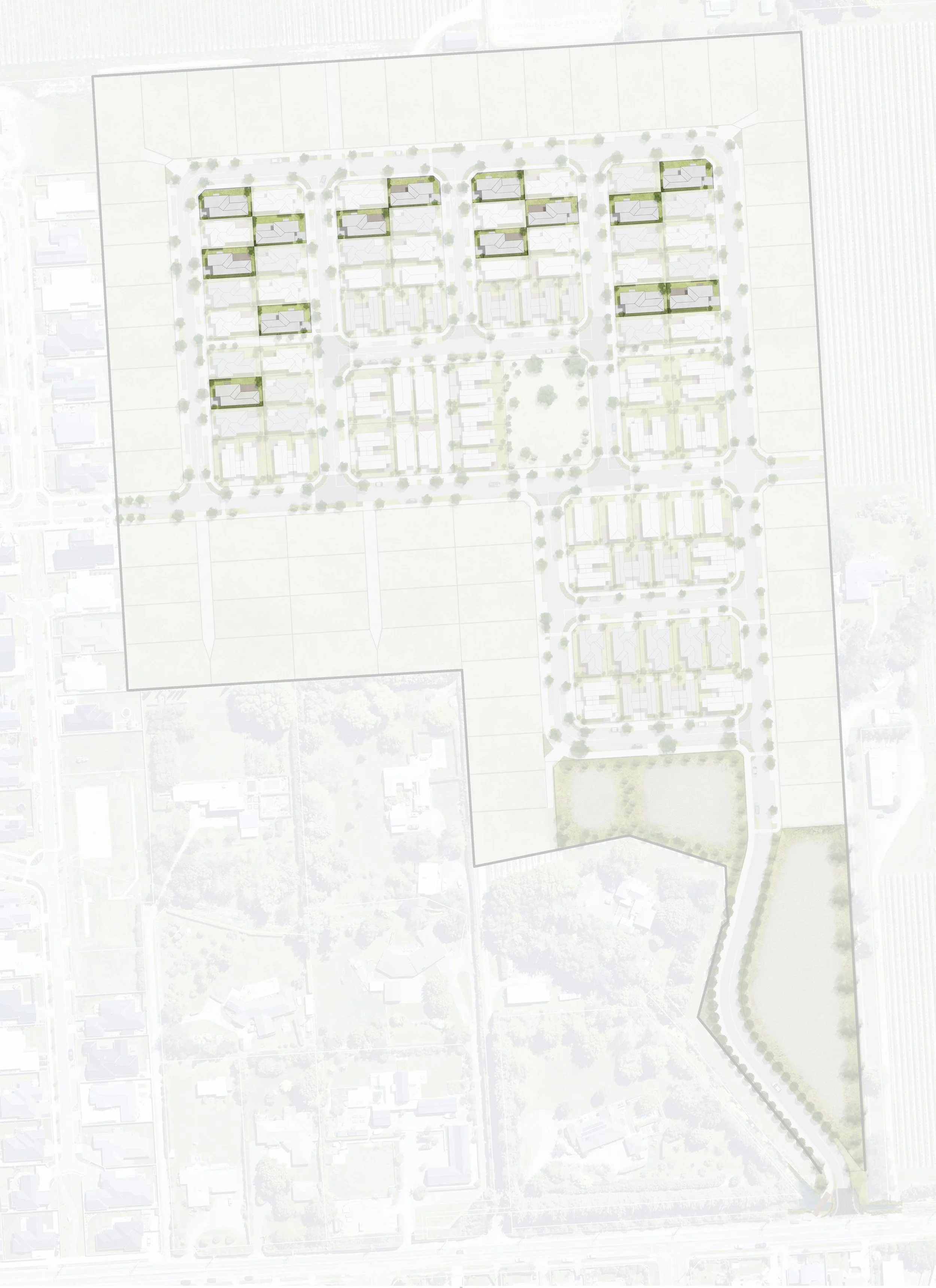 A detailed site plan or master plan of a residential development with multiple houses, green spaces, pathways, and roads.
