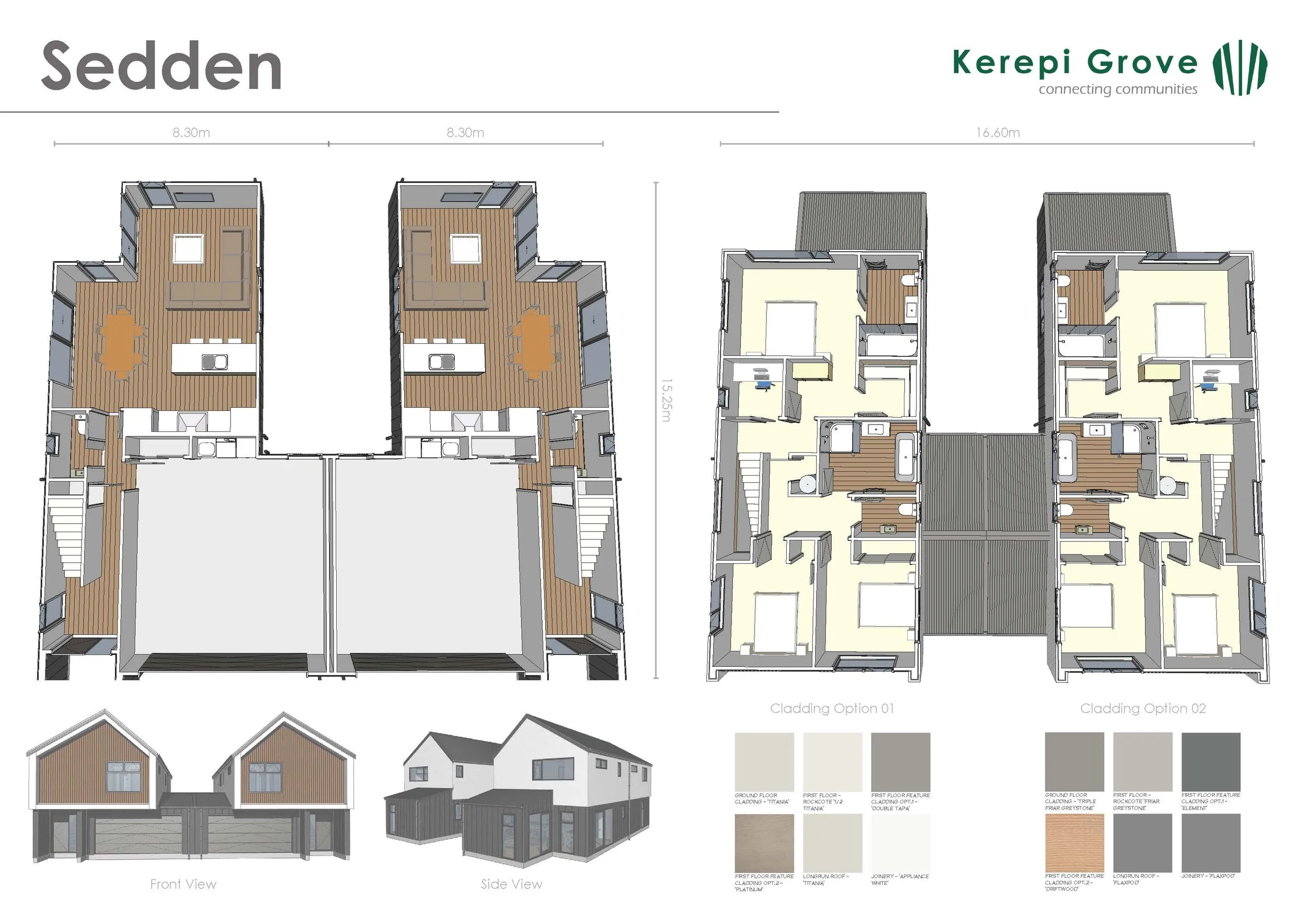 Floor plans of two duplex houses with detailed interior room layouts, front and side elevation views, and color palettes for exterior cladding options.