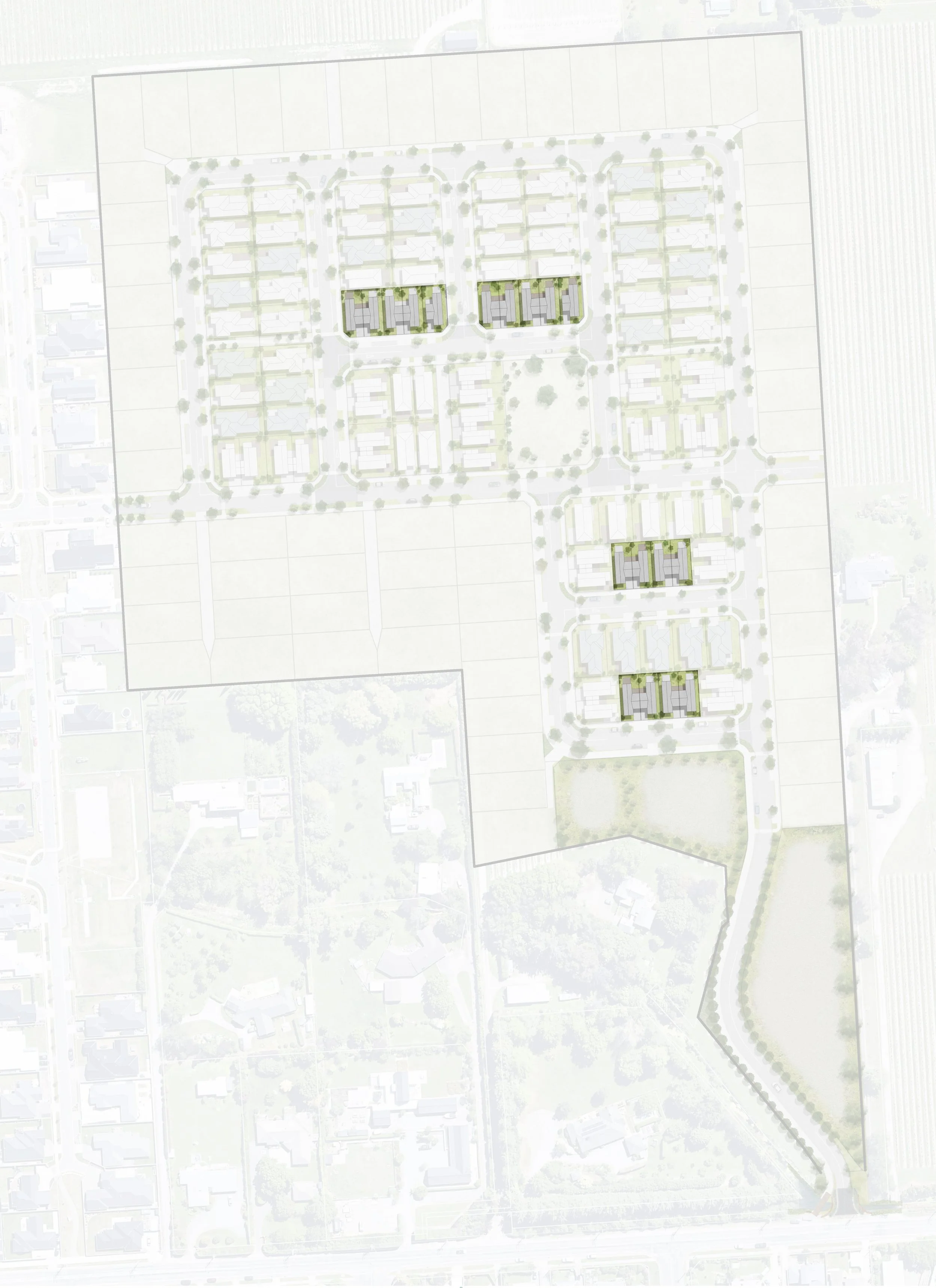 A site plan or layout of a residential development with multiple housing units and green spaces, including trees and pathways.