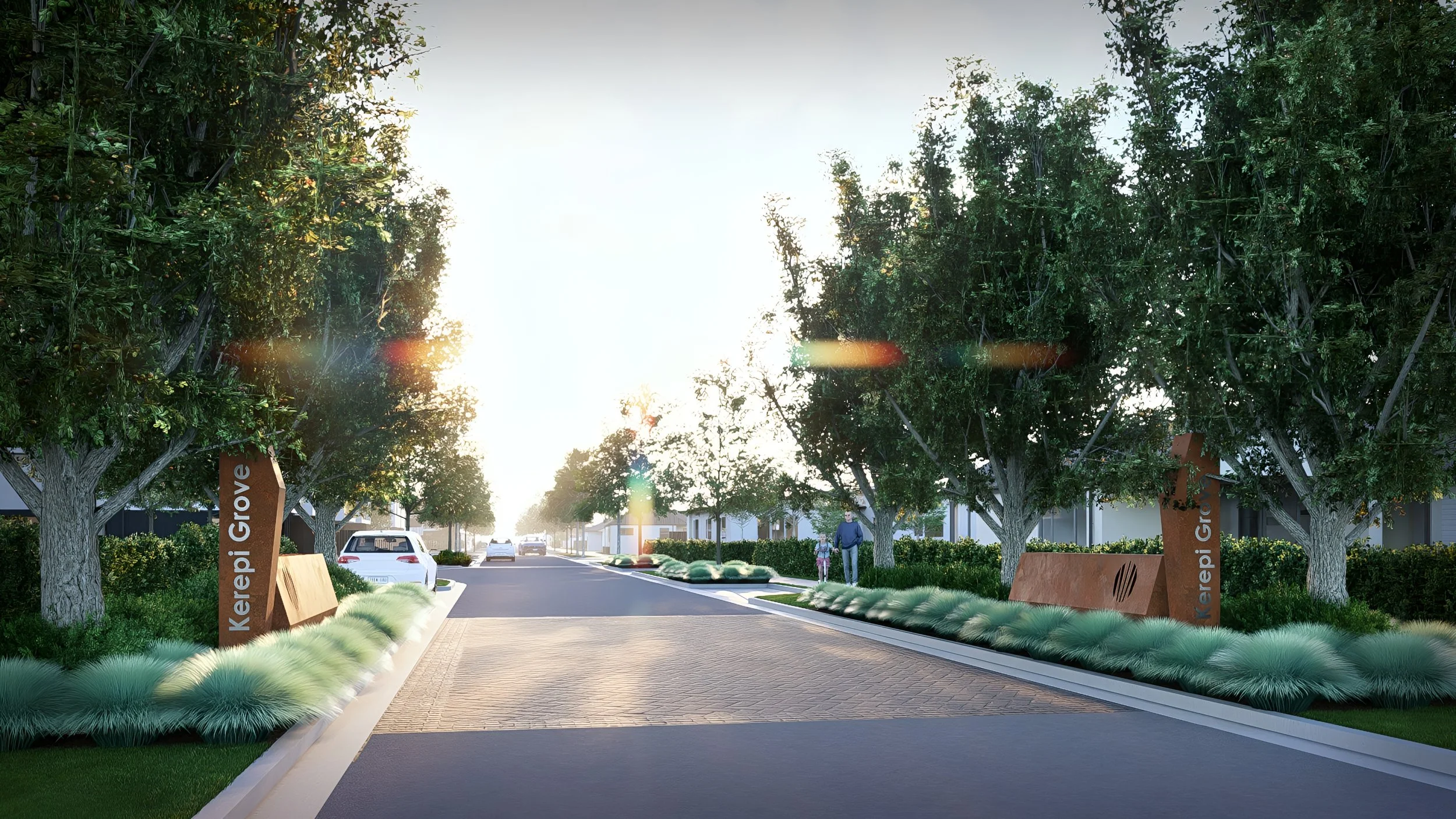 Residential street with trees, sidewalk, parked cars, and modern house signs reading "Kerepli Grove"