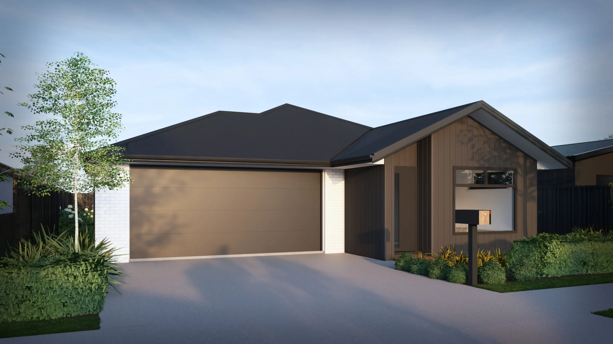 Modern single-story house with dark roof, brown walls, white accents, and a front yard with green shrubs and a small tree, under a blue sky.