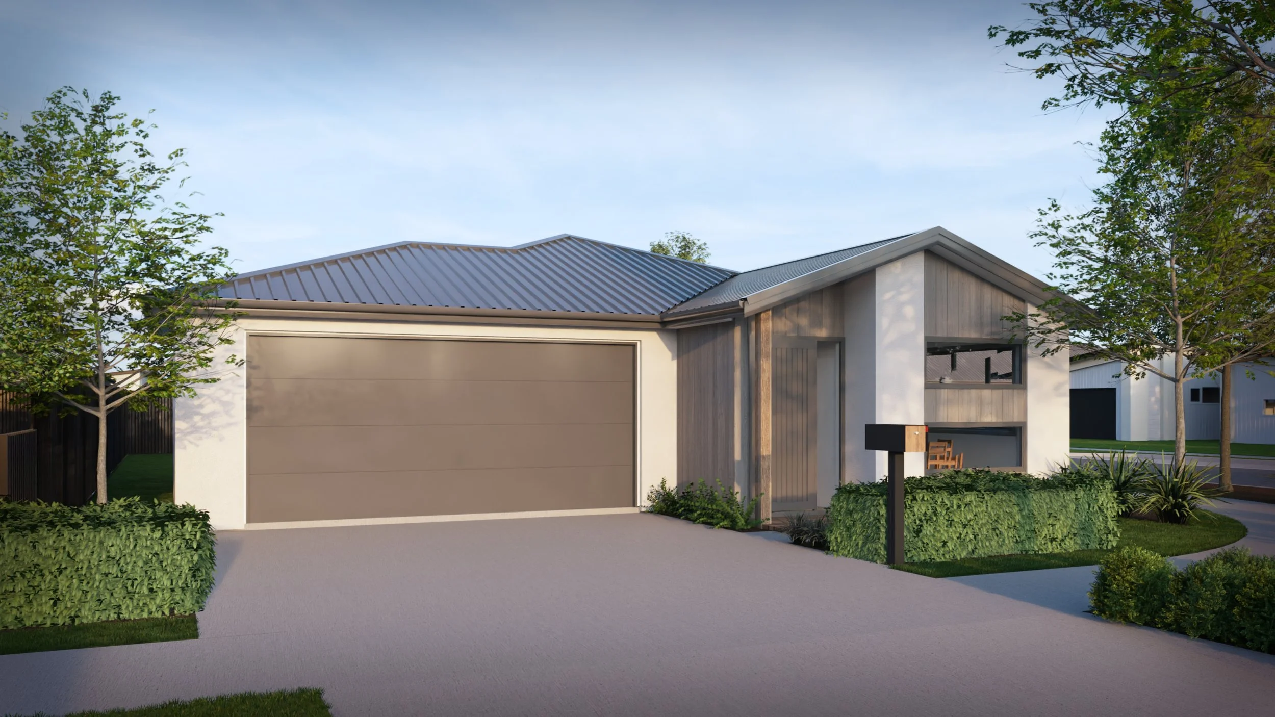 Modern single-story house with gray garage door, wooden accents, landscaped front yard, mailbox, and sidewalk, under a clear sky with trees.