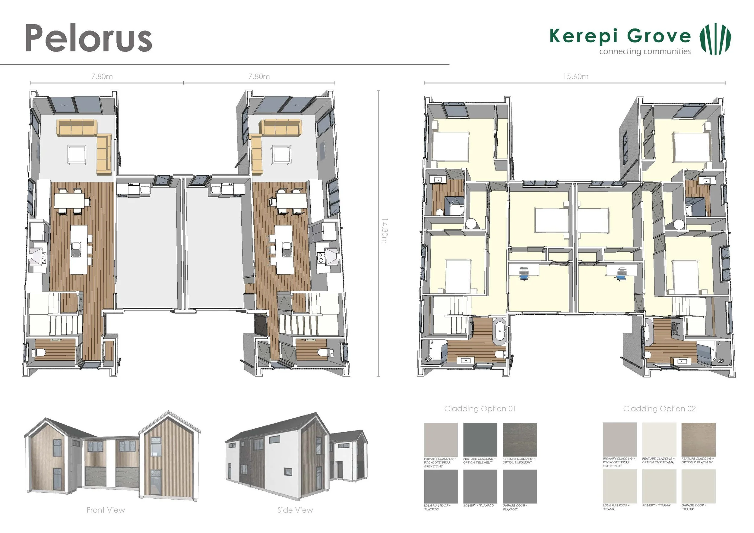 Architectural floor plans for Pelorus residential buildings, showing front and side views of the structures, with layout options and cladding material samples at the bottom.