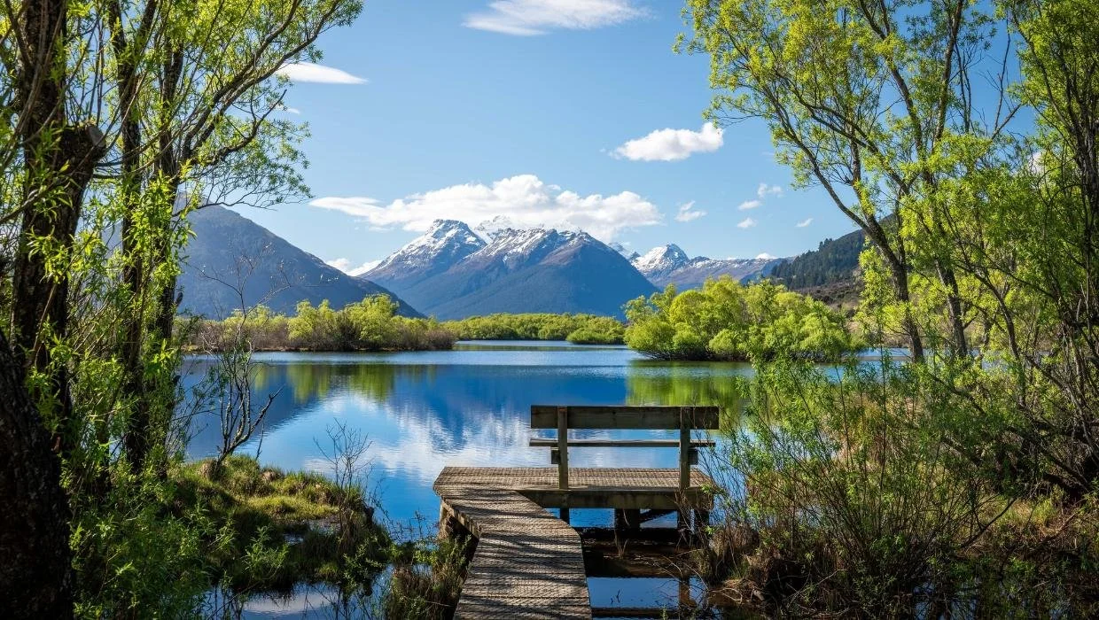 A scenic view of a lake surrounded by green trees with snow-capped mountains in the background and a small wooden dock in the foreground.