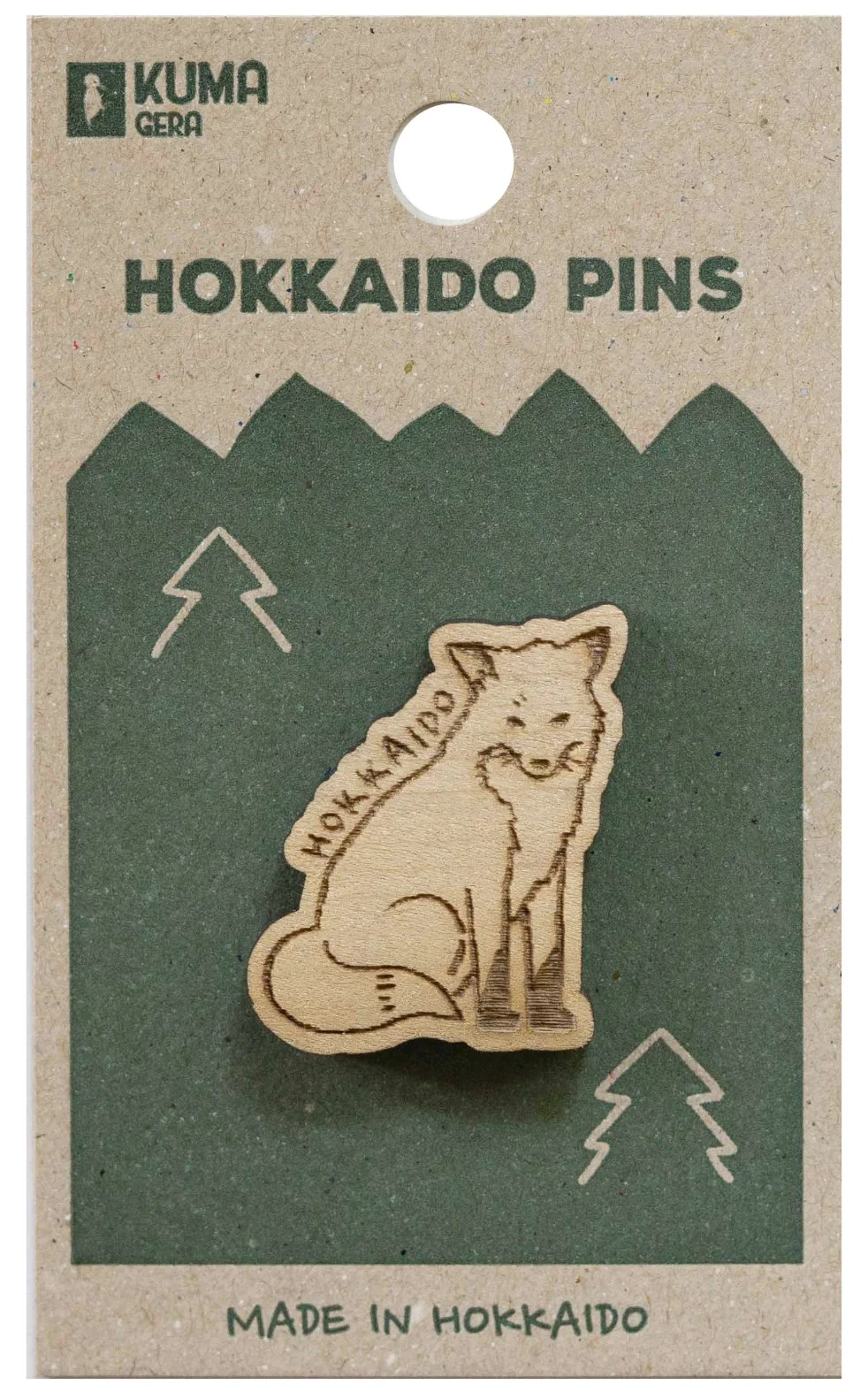 Hokkaido pins packaging with an illustration of a fox and mountains, indicating they are made in Hokkaido, Japan.