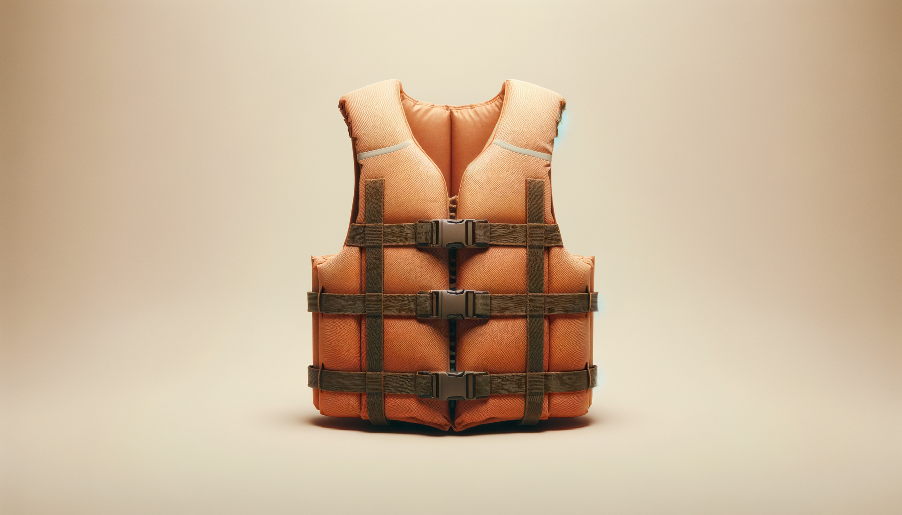 Orange life jacket with brown adjustable straps and three black buckle closures on a beige background.