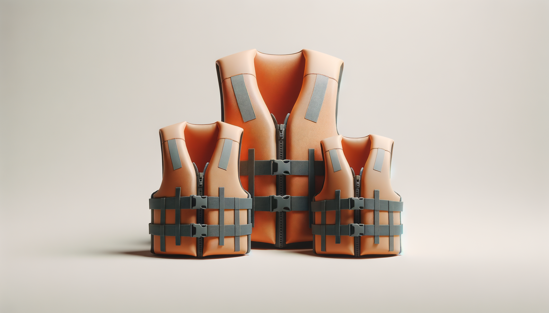 A set of three orange life jackets of different sizes arranged side by side against a plain background.