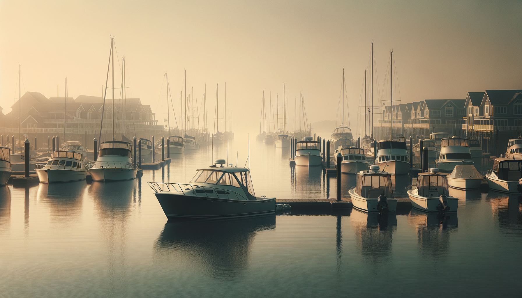 A tranquil marina at sunrise with numerous boats docked and soft fog, surrounded by waterfront houses.