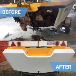 Comparison of boat hull, front view showing damaged and repaired sections, with 'BEFORE' label on the damaged hull and 'AFTER' label on the repaired hull.