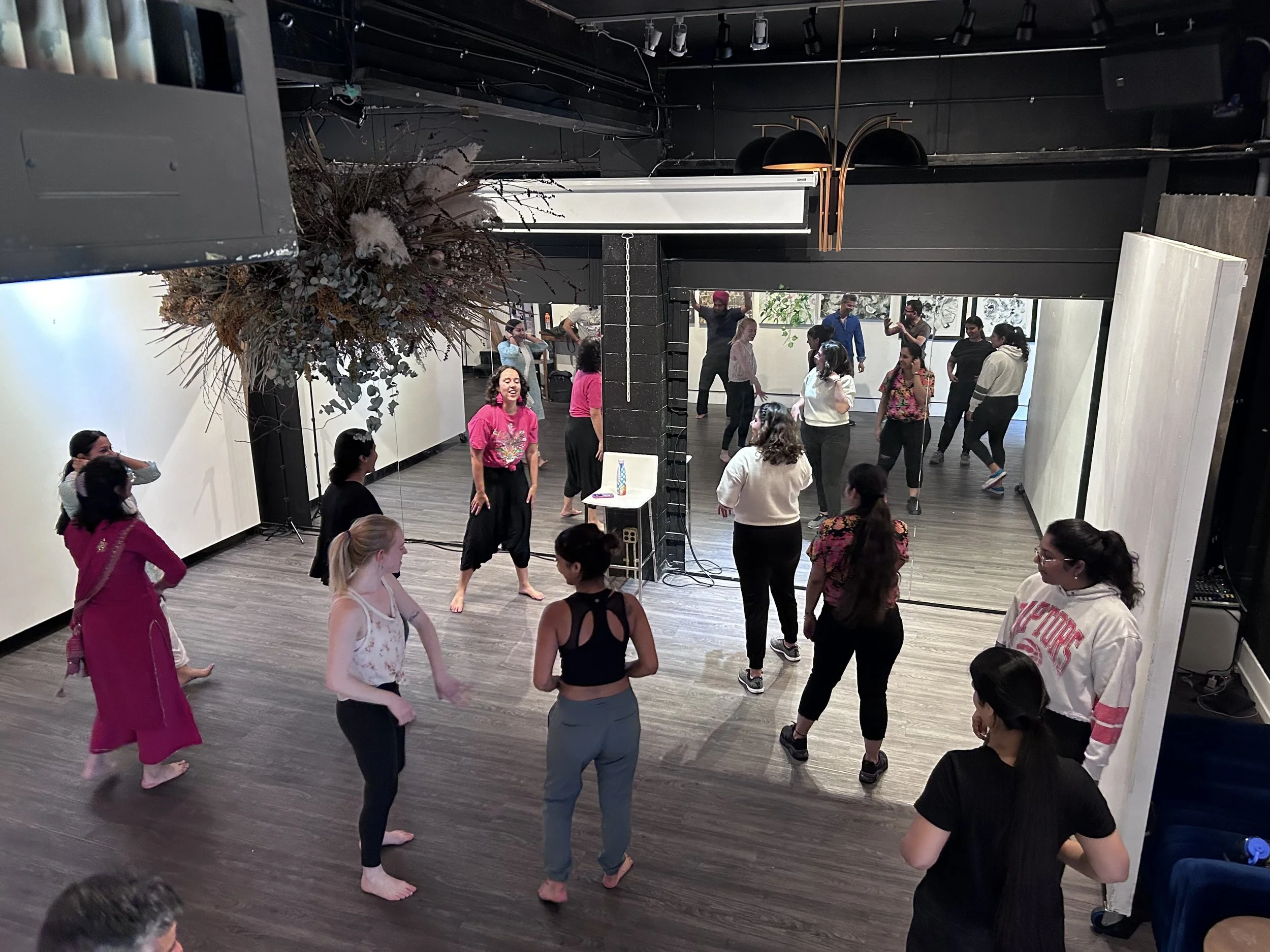 Group of women practicing dance in a studio with a mirror wall, wooden floor, and black walls, some wearing pink, white, and black clothing.
