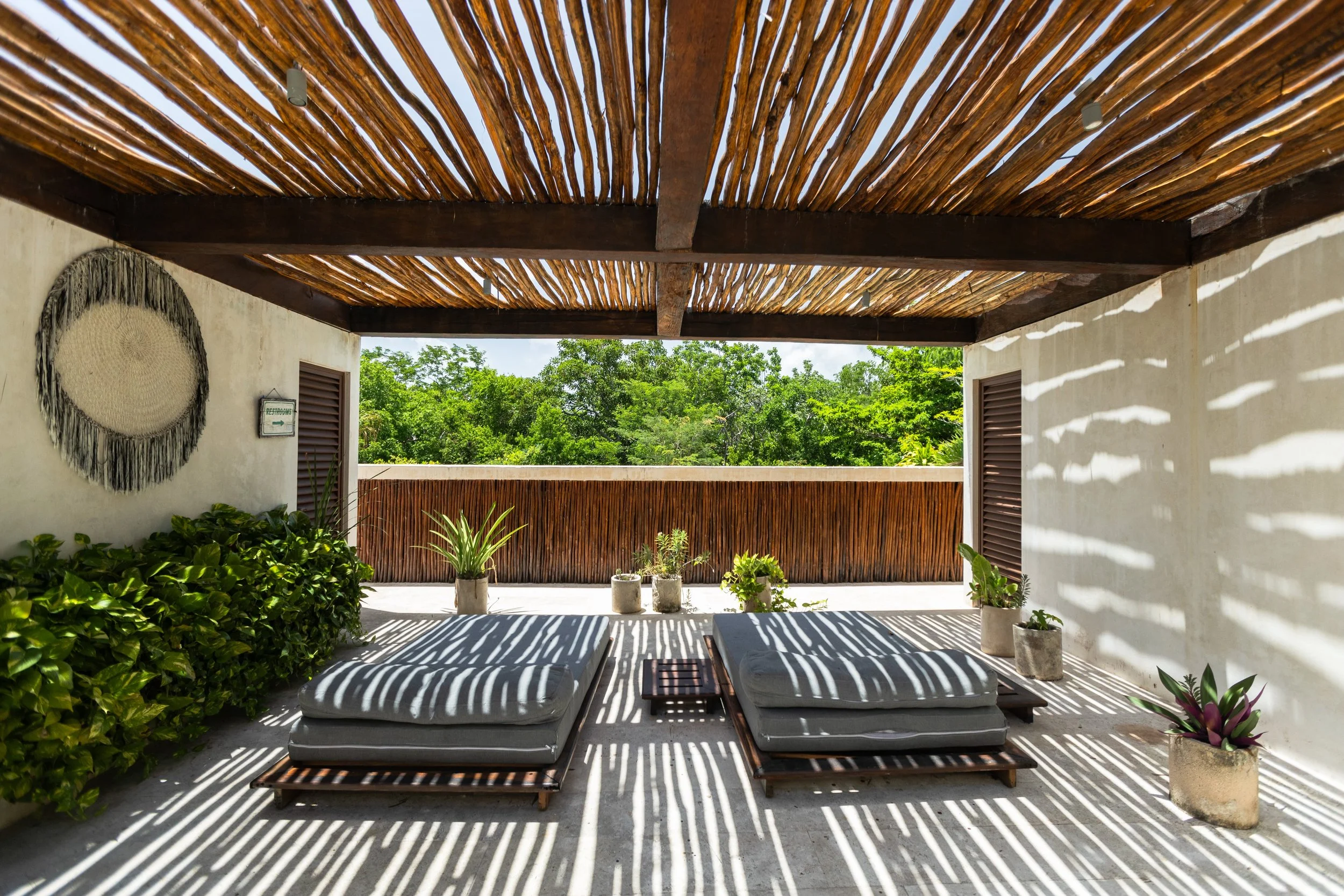 A shaded outdoor patio with two lounge chairs and potted plants, overlooking a green treetop view with a bamboo fence on the balcony.