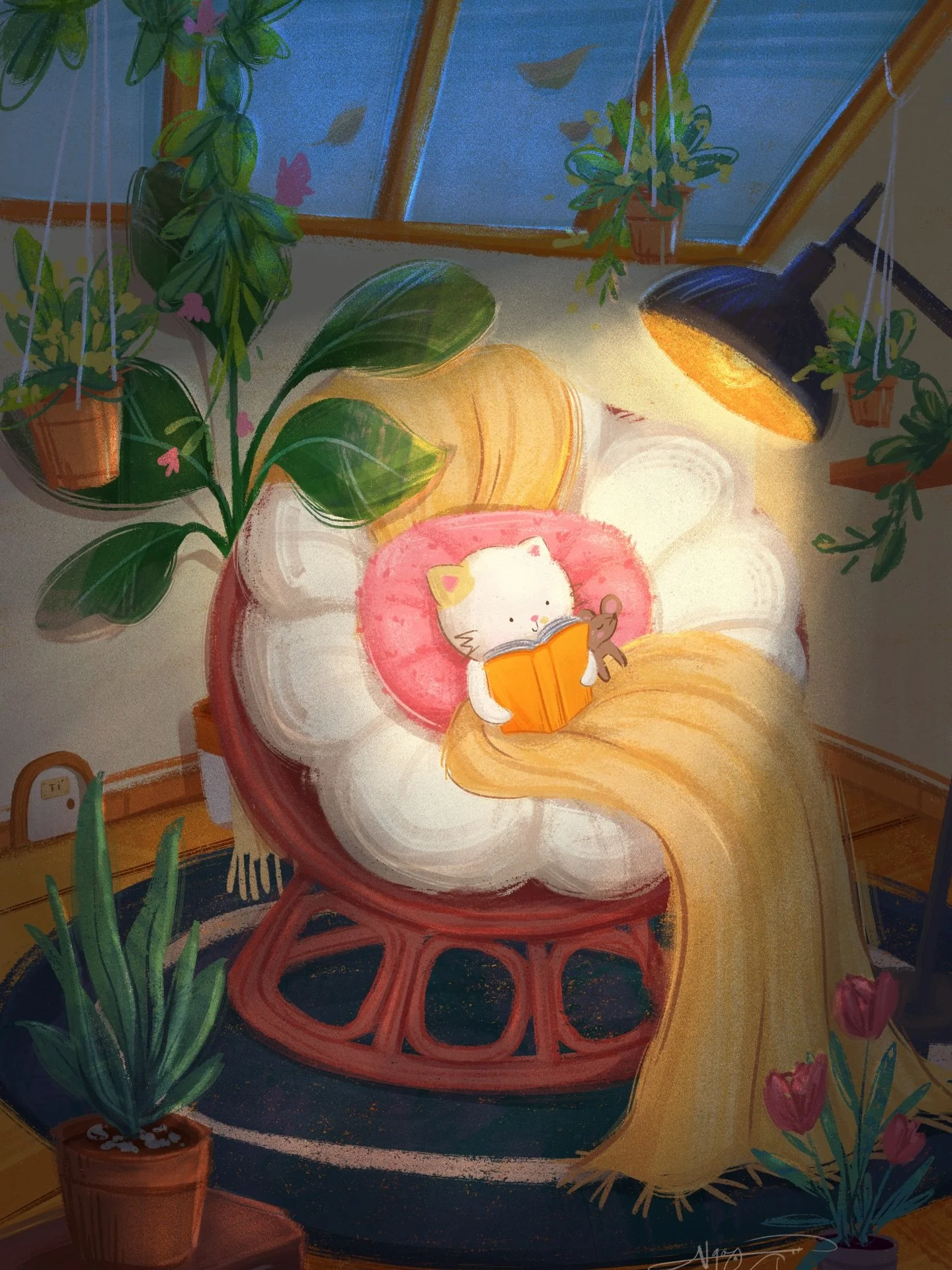 a cozy reading night 🌙

I made two versions of this - day light &amp; night light
and can&rsquo;t decide which one I like more

which one would you choose as a print?

#readingnight #illustration_the_best #digitalartpainting #sgartist #cozyart