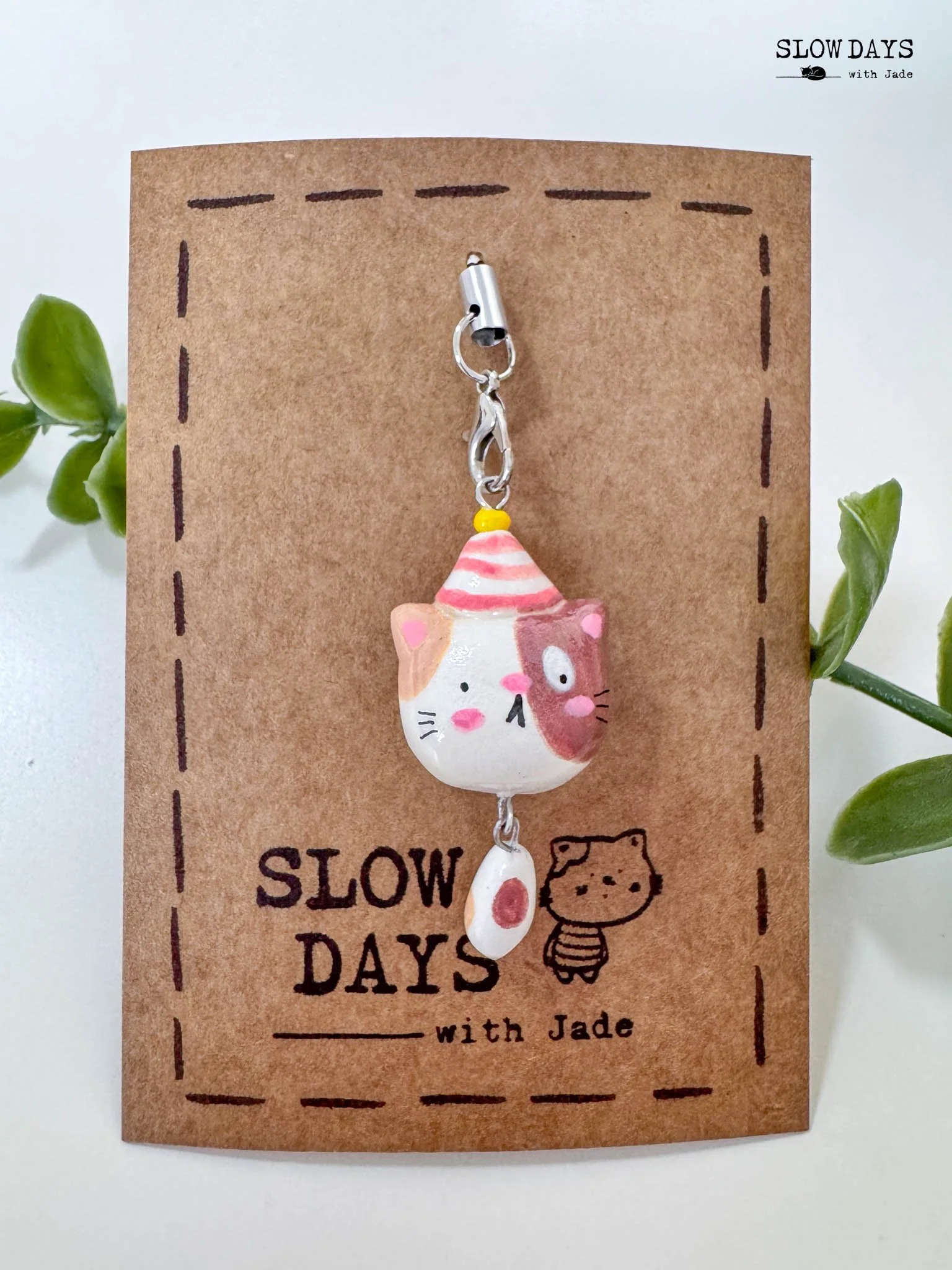 Calico Cat Charm with Dangling Tail | Handmade Clay