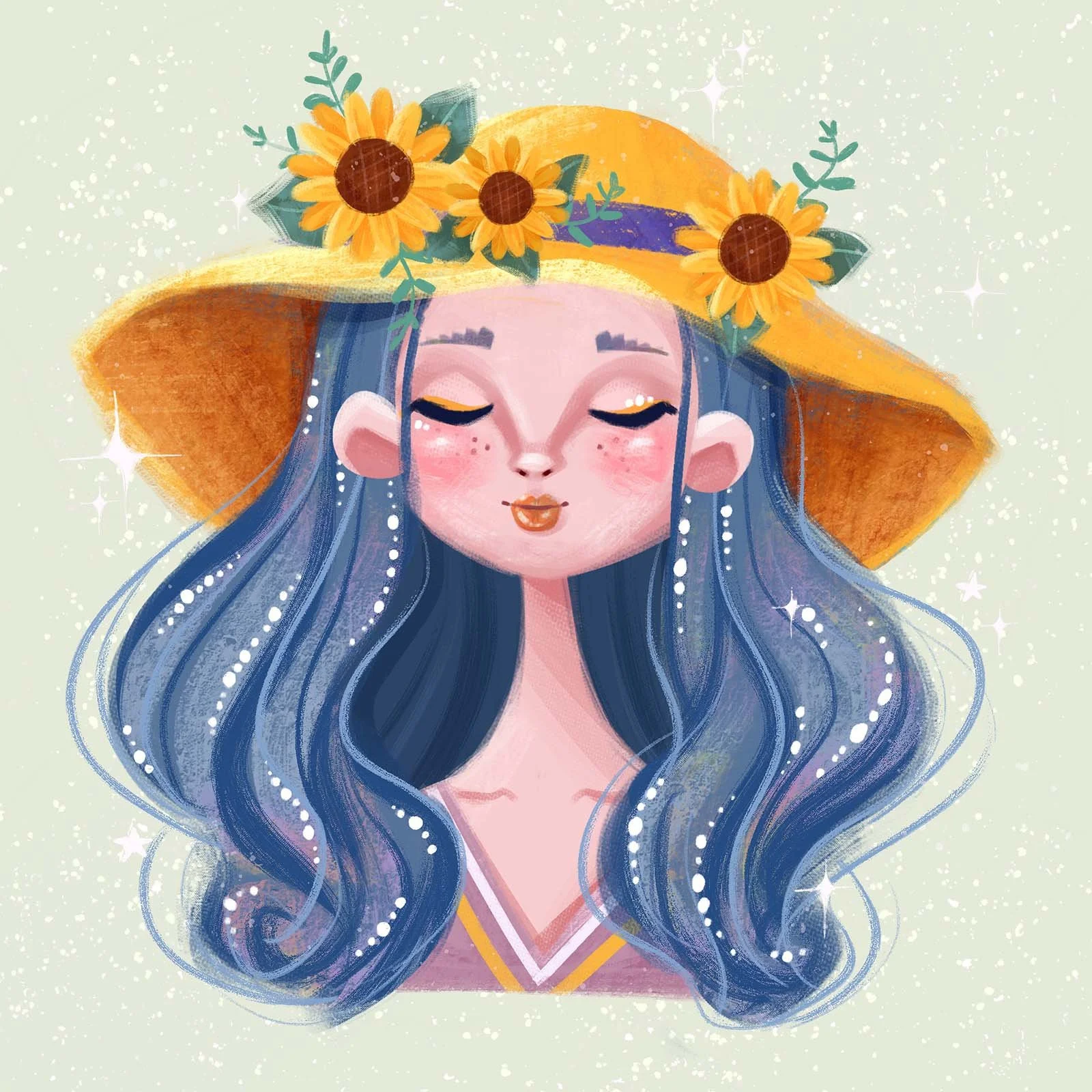 A digital illustration of a young woman with long wavy blue hair, closed eyes, and a serene expression, wearing a large orange sun hat decorated with sunflower flowers, against a light, starry background.